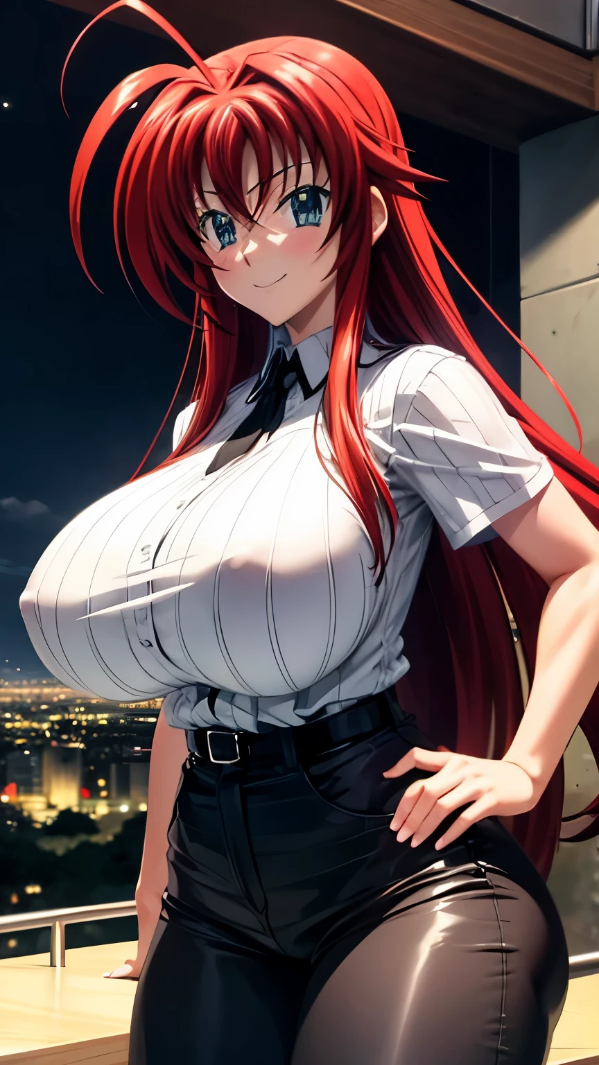Rias Gremory, High school DxD, Ahoge, Beautiful eyes, Detailed eyes, adult female, Large white t-shirt, Tight black shorts, White sneakers, Round sunglasses, Posing in the photo, Smiling, Very happy, Huge breasts!!, Extremely VERY HUGE breasts!!, EXTREMELY SUPER WIDE BREASTS!!!, EXTREMELY SUPER LONG BREASTS!!!, Thick thigh, Tokyo city at night with various lights and buildings
