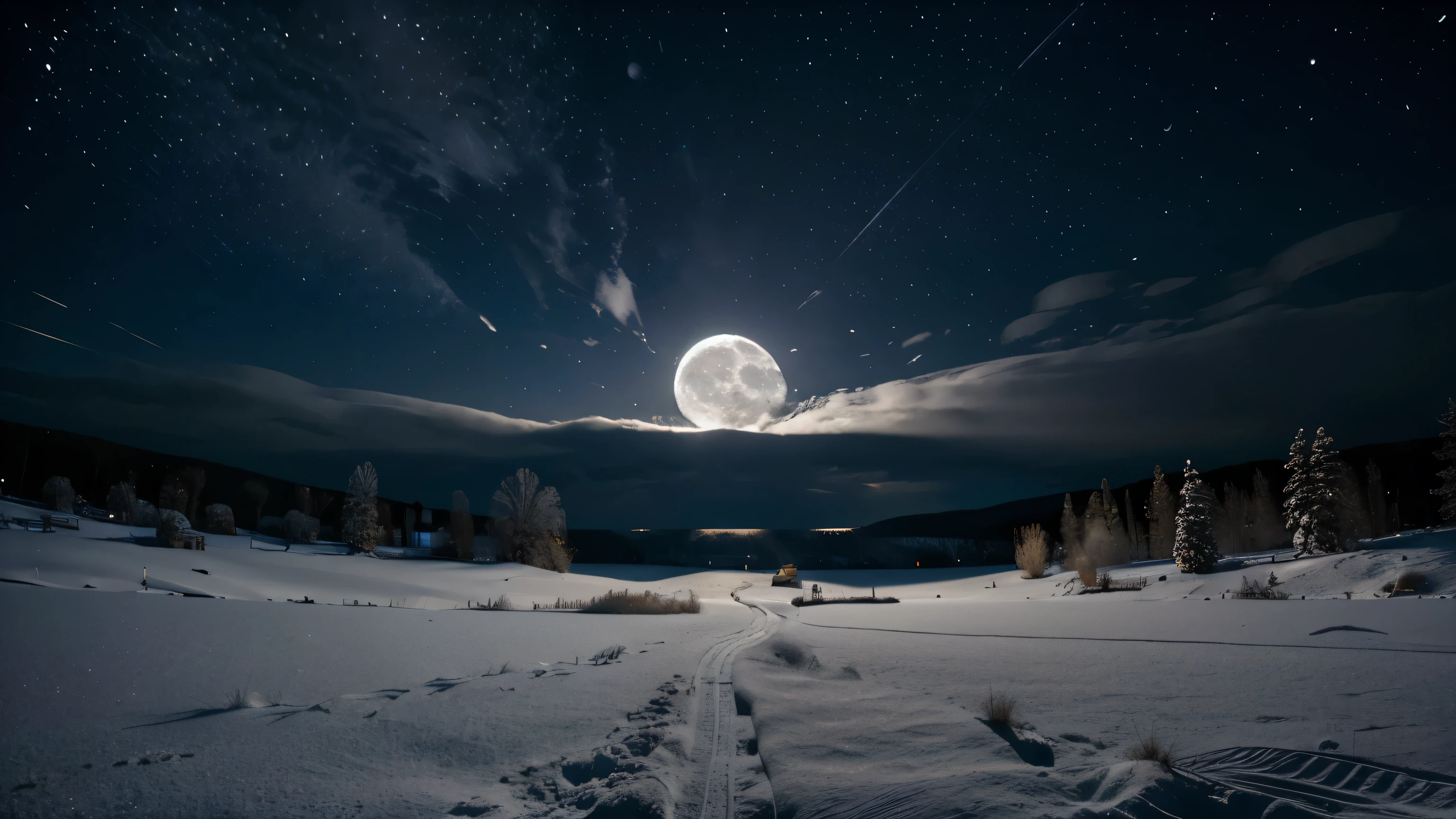 Snow scenery under the moonlight: The snow-covered landscape glows under the light of the moon., With pure white snow shining in the dark.