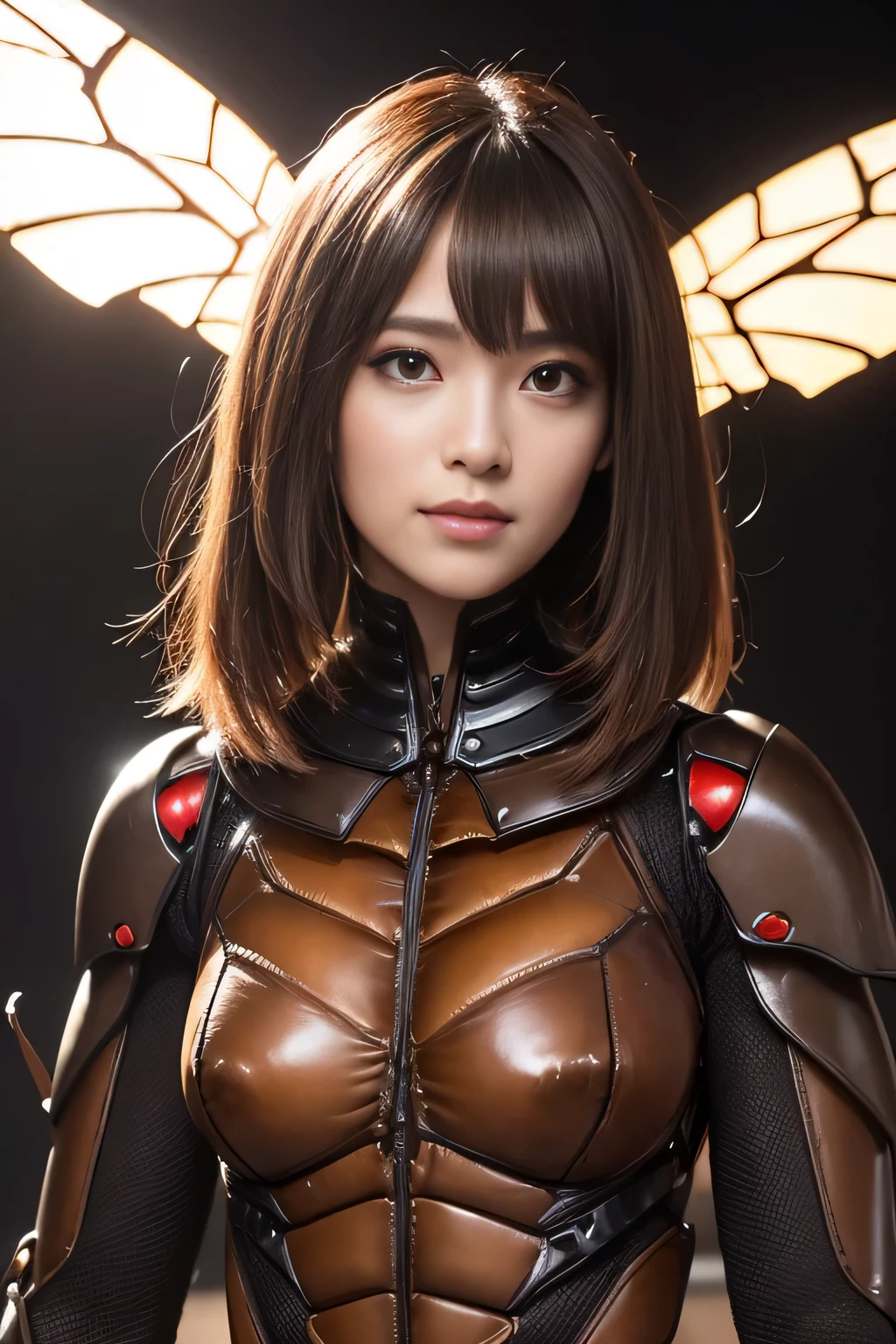 (High resolution,masterpiece,highest quality,Very detailed CG, anime, official art:1.4), realistic, photograph, amazing detail, everything is complicated, shiny and glossy,Amazing number of layers, 8K wallpaper, 3D, sketch, cute, figure,( alone:1.4), perfect female proportions,villain's daughter, (Fusion of dark brown cockroach and lady:1.4), (brown cockroach woman:1.2), (brown cockroach woman:1.2), (Fusion:1.2), (alone:1.4), (evil smile:1.2), muscular, abs, (Cockroach brown exoskeleton bio insect suit:1.4), (Cockroach brown exoskeleton bio insect armor:1.2), (brown transparent cockroach feathers:1.4), (Antennae of brown cockroaches:1.3),