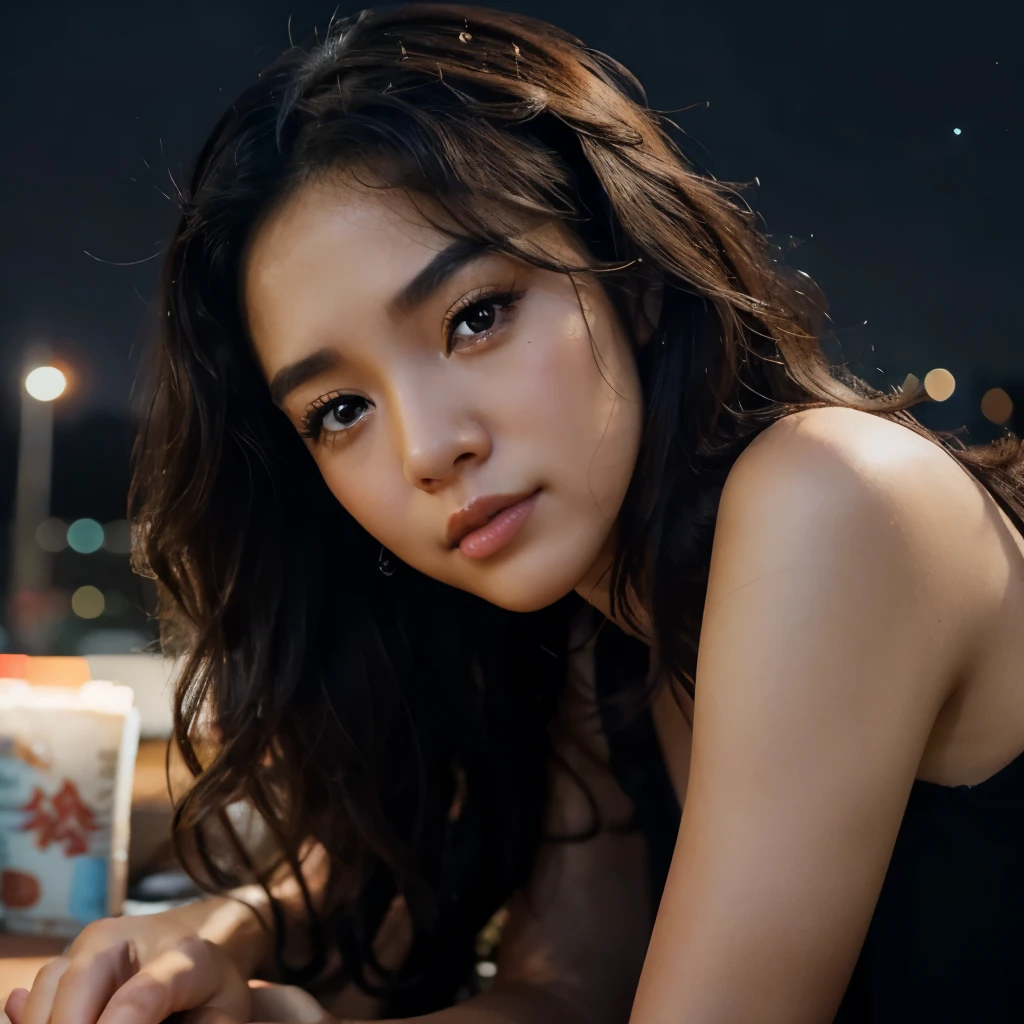 Be a girl with a asian skin complexion, beautiful eyes (brown eyes) and deep as the night sky, half sad face lying on the table, curly black hair, looking at you, with an anime/semi-realistic style of art