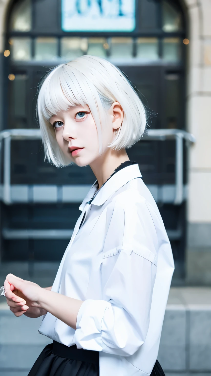 White hair, white shirt, blue eyes, short cut, black skirt