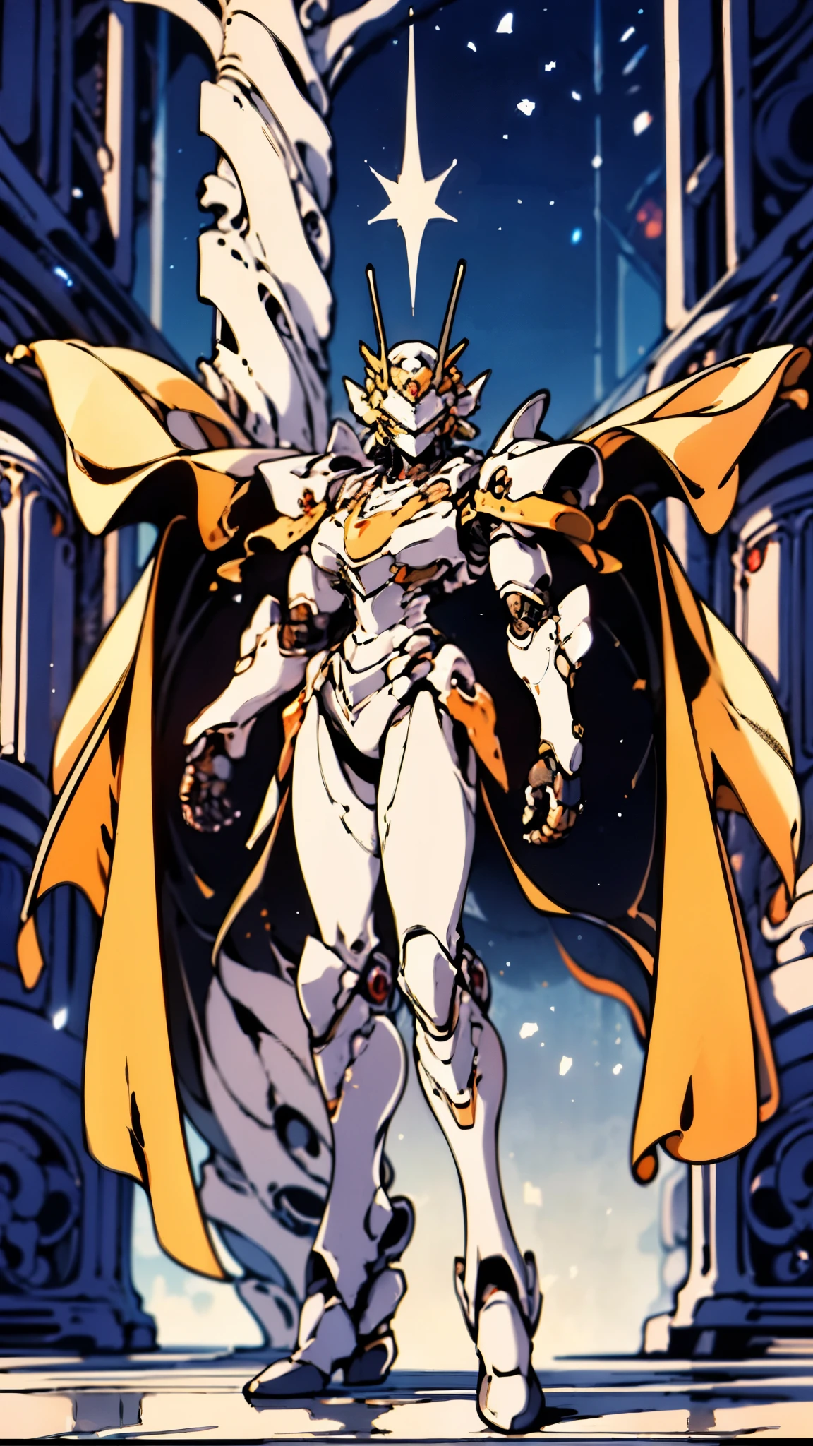 A woman adorned in fantasy-style full-body armor, a crown-concept fully enclosed helmet that unveils only her eyes, a composite layered chest plate, fully encompassing shoulder and hand guards, a lightweight waist armor, form-fitting shin guards, the overall design is heavy-duty yet flexible, ((the armor gleams with a golden glow, complemented by red and blue accents)), exhibiting a noble aura, she floats above a fantasy-surreal high-tech city, this character embodies a finely crafted fantasy-surreal style armored hero in anime style, exquisite and mature manga art style, (Queen bee mixed with Spider concept Armor, plasma, blood), ((Element, energy, elegant, goddess, femminine:1.5)), metallic, high definition, best quality, highres, ultra-detailed, ultra-fine painting, extremely delicate, professional, anatomically correct, symmetrical face, extremely detailed eyes and face, high quality eyes, creativity, RAW photo, UHD, 32k, Natural light, cinematic lighting, masterpiece-anatomy-perfect, masterpiece:1.5