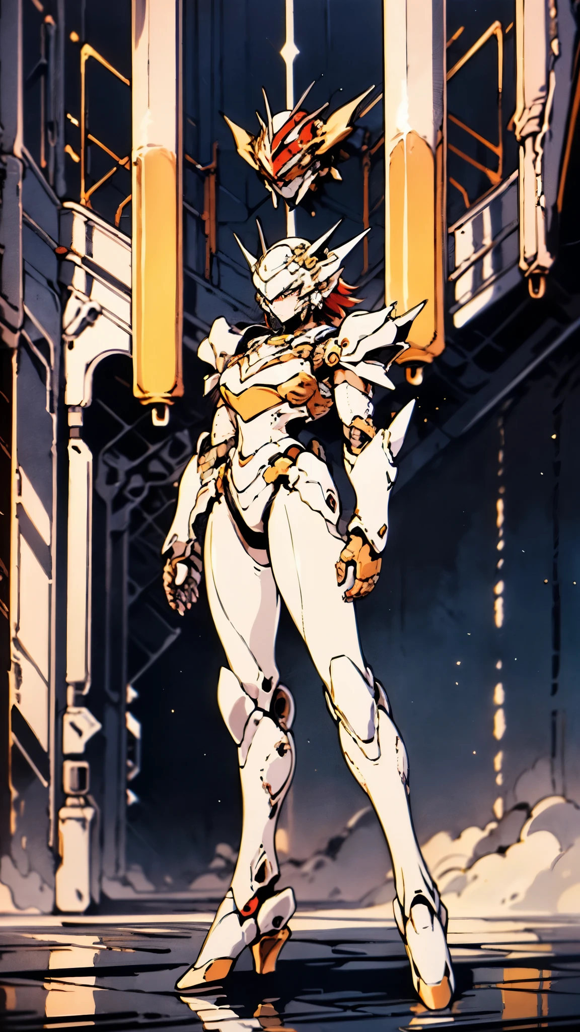 A woman adorned in fantasy-style full-body armor, a crown-concept fully enclosed helmet that unveils only her eyes, a composite layered chest plate, fully encompassing shoulder and hand guards, a lightweight waist armor, form-fitting shin guards, the overall design is heavy-duty yet flexible, ((the armor gleams with a golden glow, complemented by red and blue accents)), exhibiting a noble aura, she floats above a fantasy-surreal high-tech city, this character embodies a finely crafted fantasy-surreal style armored hero in anime style, exquisite and mature manga art style, (Queen bee mixed with Spider concept Armor, plasma, blood), ((Element, energy, elegant, goddess, femminine:1.5)), metallic, high definition, best quality, highres, ultra-detailed, ultra-fine painting, extremely delicate, professional, anatomically correct, symmetrical face, extremely detailed eyes and face, high quality eyes, creativity, RAW photo, UHD, 32k, Natural light, cinematic lighting, masterpiece-anatomy-perfect, masterpiece:1.5