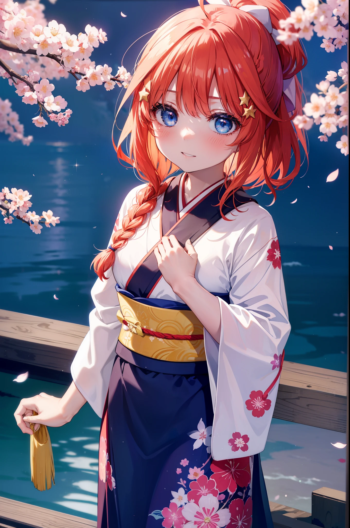 itsukinakano, Itsuki Nakano, bangs, blue eyes, hair between eyes, Ahoge, redhead, star \(symbol\), hair ornaments, star hair ornaments,short braided hair,ponytail,smile,blush,Gorgeous kimono with red floral pattern,long skirt,Large sleeves,Zori sandals,Cherry blossom tree-lined path,The cherry blossoms have bloomed,Cherry blossoms are scattered,night,満点のstarの光,moonlight,Tsukimi cherry blossoms,spring,walk, anime girl with bag of food and bread,
break outdoors, residential street,Cherry blossom tree-lined path, break looking at viewer ,Upper body,whole body,(cowboy shot:1. 5),
break (masterpiece:1.2), highest quality, High resolution, unity 8k wallpaper, (figure:0.8), (detailed and beautiful eyes:1.6), highly detailed face, perfect lighting, Very detailed CG, (perfect hands, perfect anatomy),