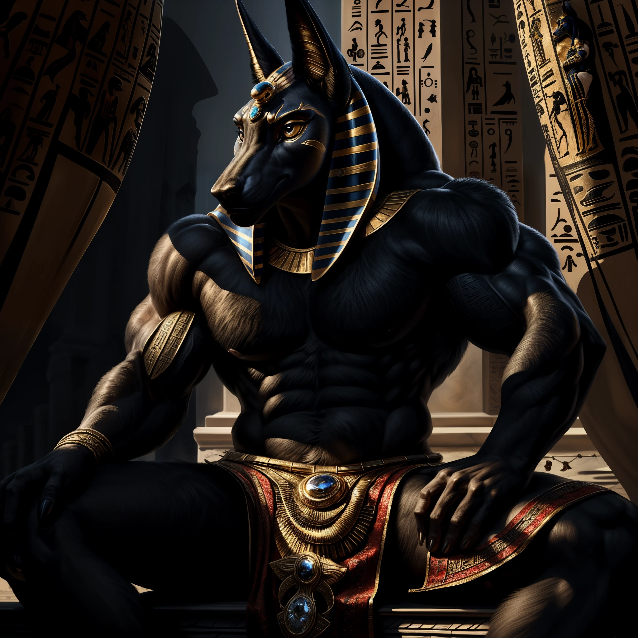 ((actual)), Upload to E621, by Garmash,Ruan Jia, black gem, human nature, male, ((( fine fluffy fur))), ((sitting)), detailed actual painting, (((biceps))), (((shadow))) extreme details, ((Anubis)), loincloth, black body,relic,egyptian golden jewelry