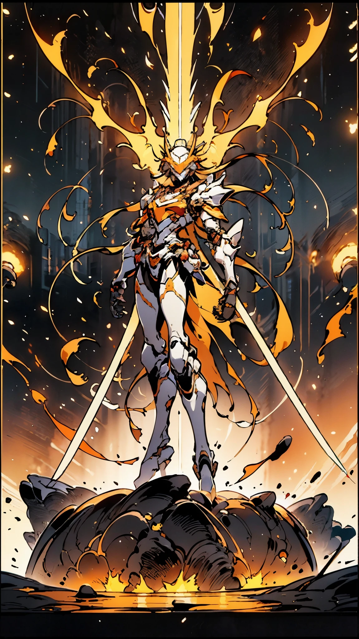 A woman adorned in fantasy-style full-body armor, a crown-concept fully enclosed helmet that unveils only her eyes, a composite layered chest plate, fully encompassing shoulder and hand guards, a lightweight waist armor, form-fitting shin guards, the overall design is heavy-duty yet flexible, ((the armor gleams with a golden glow, complemented by red and blue accents)), exhibiting a noble aura, she floats above a fantasy-surreal high-tech city, this character embodies a finely crafted fantasy-surreal style armored hero in anime style, exquisite and mature manga art style, (Queen bee mixed with Spider concept Armor, plasma, blood), ((Element, energy, elegant, goddess, femminine:1.5)), metallic, high definition, best quality, highres, ultra-detailed, ultra-fine painting, extremely delicate, professional, anatomically correct, symmetrical face, extremely detailed eyes and face, high quality eyes, creativity, RAW photo, UHD, 32k, Natural light, cinematic lighting, masterpiece-anatomy-perfect, masterpiece:1.5