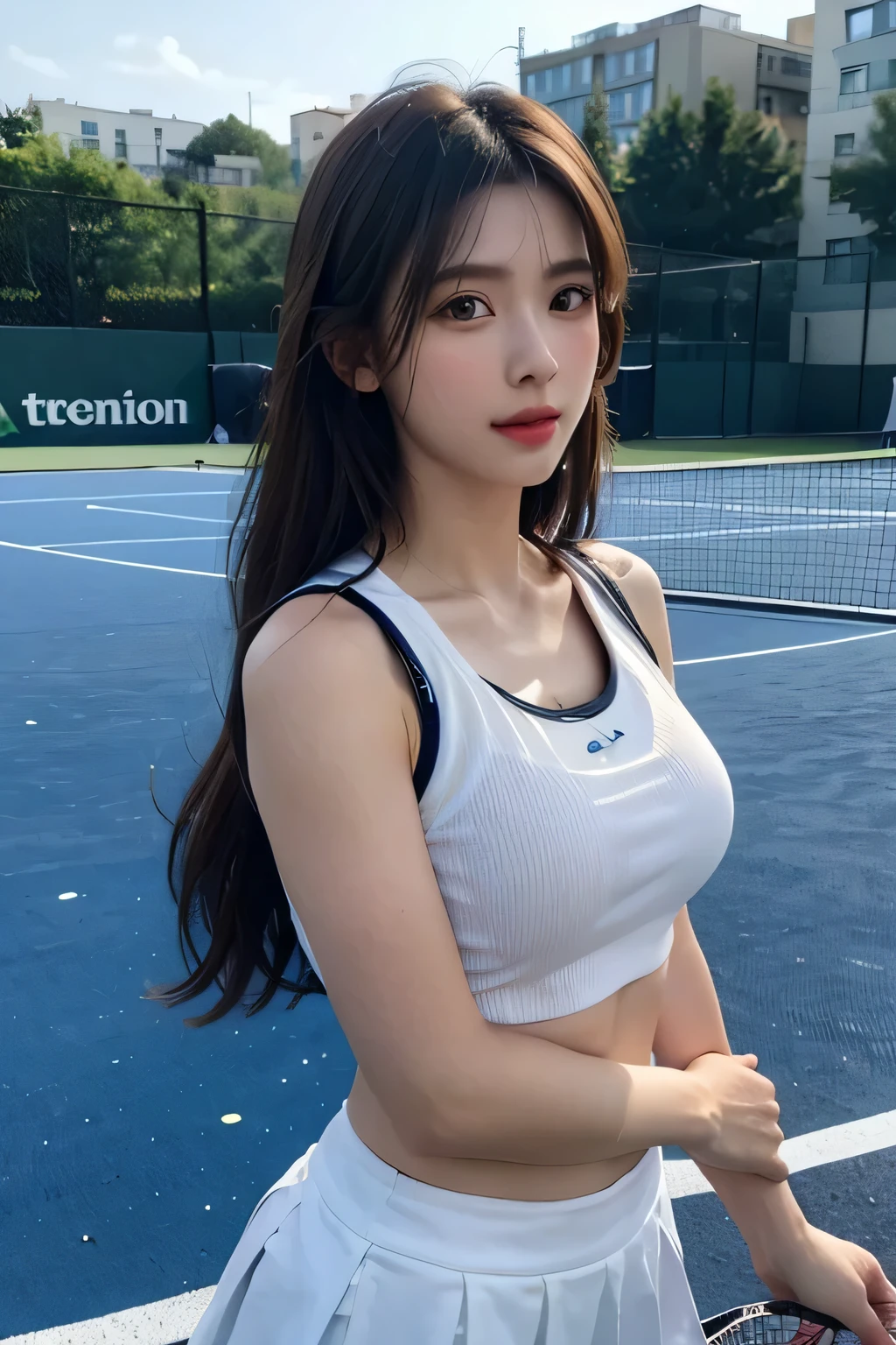 (1 girl:1.4)、(Wearing tennis wear、Tennis court:1.2)、(Photoreal:1.4)、(hyper realistic:1.4)、(realistic:1.3)、(smooth lighting:1.05)、(映画の照明Improvement of quality:0.9)、32K、20 year old girl、healthy beauty、(whole body:1.4)、realistic lighting、Backlight、facial light、ray tracing、(Natural light:1.2)、(Improvement of quality:1.4)、(Highest quality realistic textured skin:1.4)、detailed face、fine eyes、(tired, sleepy and satisfied:0.0)、 big breasts、(Enhances the mood of your body line:1.1)、(Enhances the beauty of skin texture:1.1)、brown hair、Medium hair with a uniform shape on the left and right