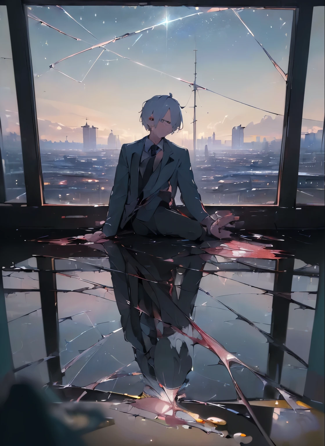 (((8k, RAW photo, best quality, Masterpiece: 1.4))), super high resolution, super detailed, illustration, closeup, handsome male, environment only, broken lab, starry sky, architecture, future, imagination, outdoors
