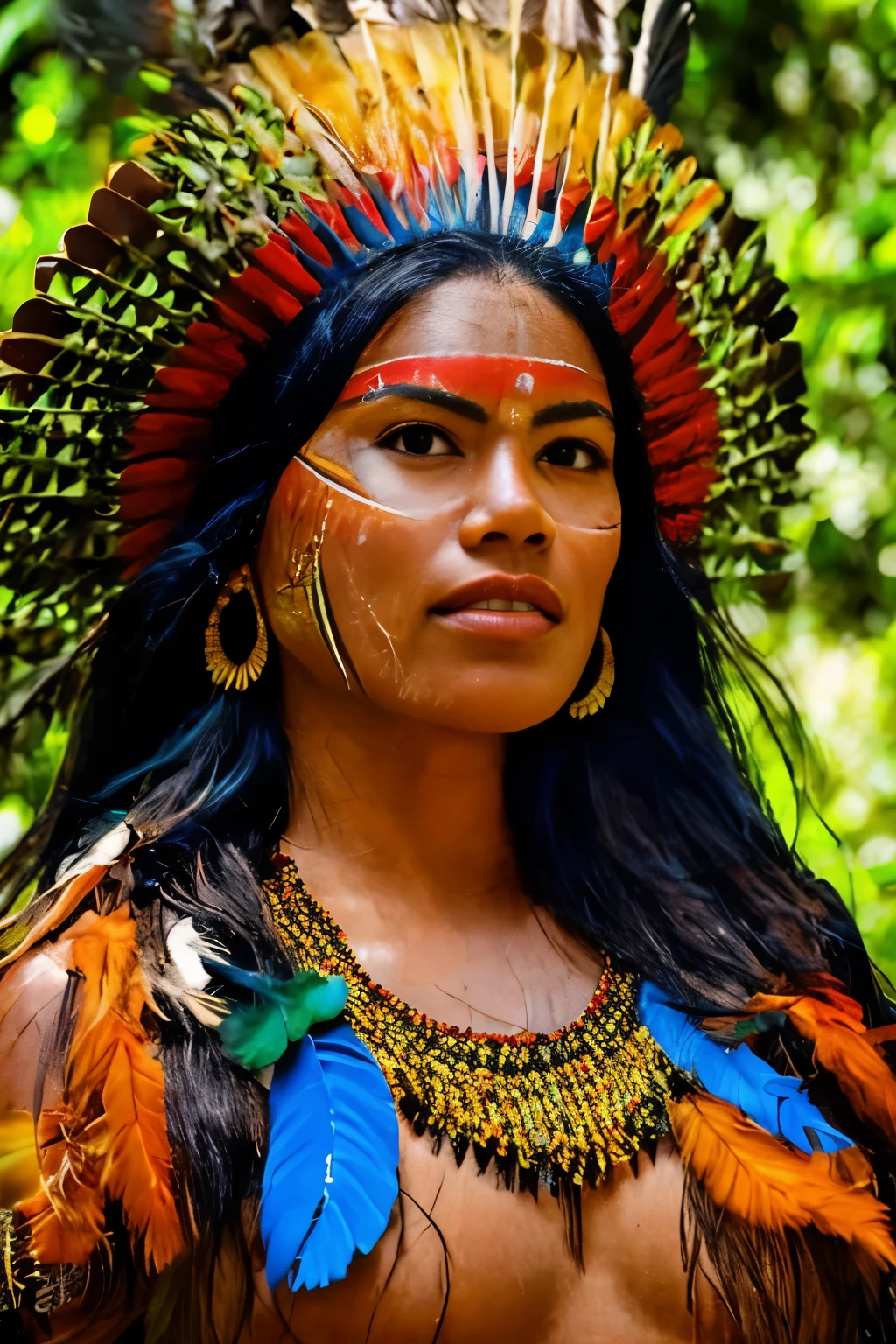 (((SFW))). ((RAW photo, Best quality)), (Realistic, photo-realistic:1.4). A beautiful indigenous girl in native dress with feathers and feathers on her head, (((tribal Painting Body))), amazon indian peoples in brazil, beautiful young female brazilian Native girl, paint face, Hot Body, Yanomami Indian in typical costumes,High quality. Amazonia forest and river Background, sunbeams. vivid colors, cinematic lighting.