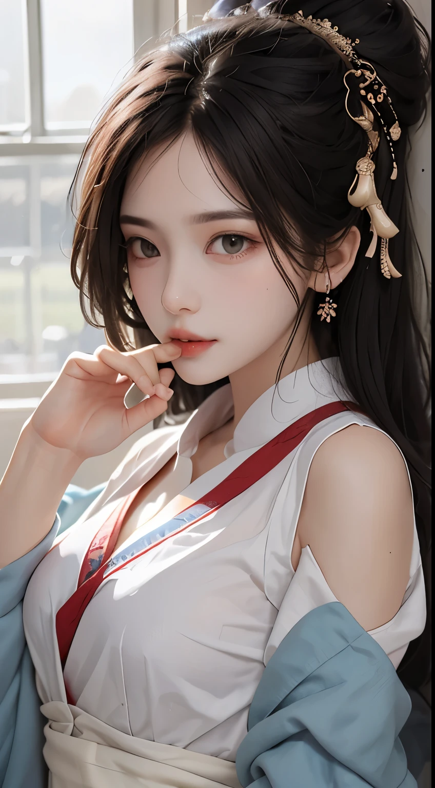 lifelike, high resolution, 1 female, Buttocks up, beautiful eyes, long hair, eye socket, jewelry, tattoo, Hanfu, Chinese fairy, Rear view