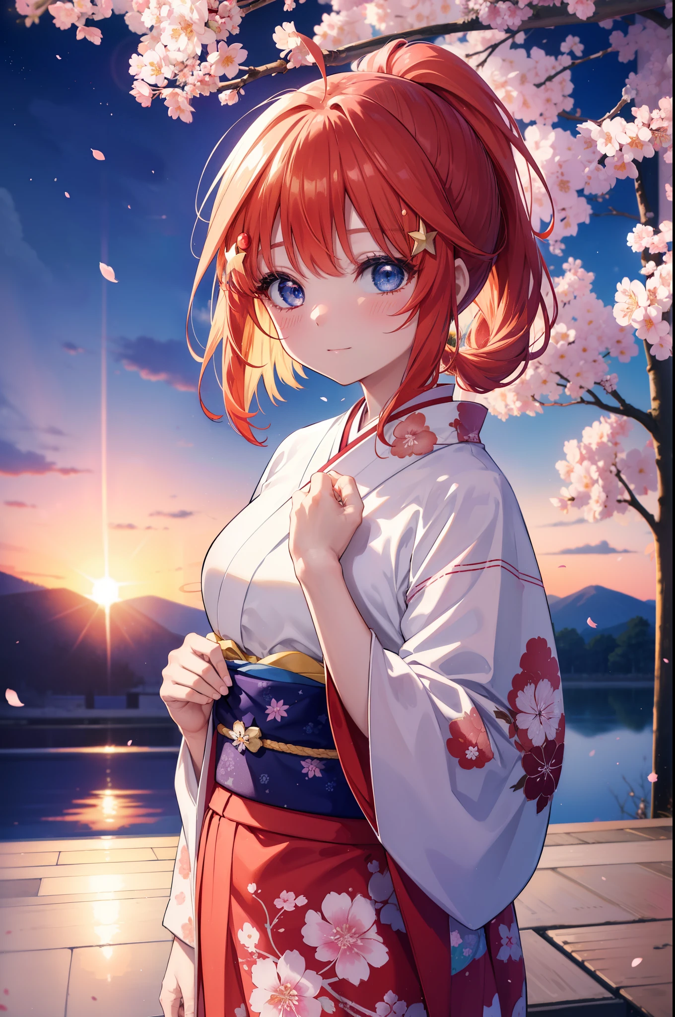 itsukinakano, Itsuki Nakano, bangs, blue eyes, hair between eyes, Ahoge, redhead, star \(symbol\), hair ornaments, star hair ornaments,short braided hair,ponytail,smile,blush,Gorgeous kimono with red floral pattern,long skirt,Large sleeves,Zori sandals,Cherry blossom tree-lined path,The cherry blossoms have bloomed,Cherry blossoms are scattered,night,満点のstarの光,full moon,moonlight,Tsukimi cherry blossoms,spring,walk, anime girl with bag of food and bread,
break outdoors, residential street,Cherry blossom tree-lined path,　　　　　　　　　　break looking at viewer ,Upper body,whole body,(cowboy shot:1. 5),　
break (masterpiece:1.2), highest quality, High resolution, unity 8k wallpaper, (figure:0.8), (detailed and beautiful eyes:1.6), highly detailed face, perfect lighting, Very detailed CG, (perfect hands, perfect anatomy),