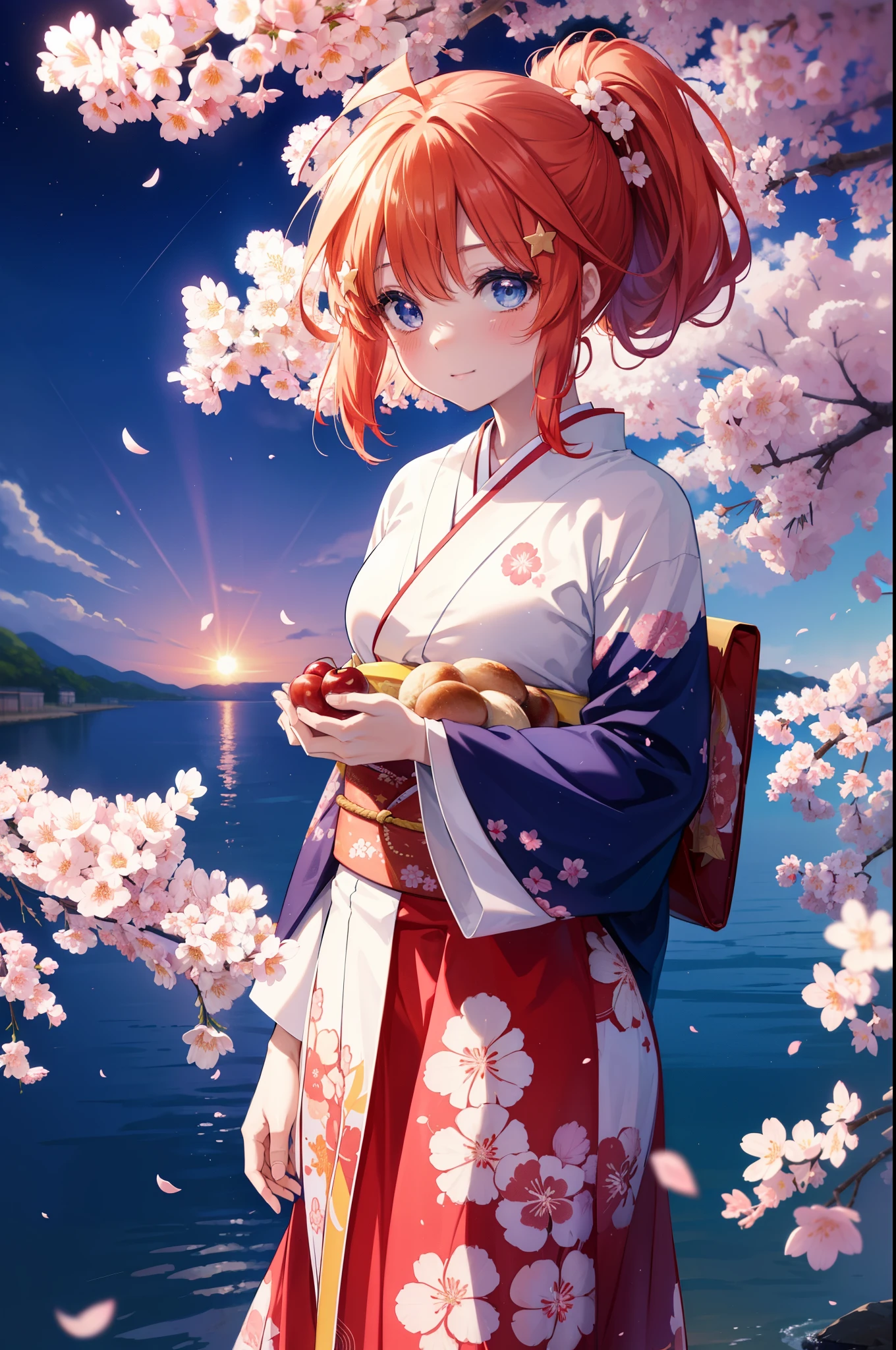 itsukinakano, Itsuki Nakano, bangs, blue eyes, hair between eyes, Ahoge, redhead, star \(symbol\), hair ornaments, star hair ornaments,short braided hair,ponytail,smile,blush,Gorgeous kimono with red floral pattern,long skirt,Large sleeves,Zori sandals,Cherry blossom tree-lined path,The cherry blossoms have bloomed,Cherry blossoms are scattered,night,満点のstarの光,full moon,moonlight,Tsukimi cherry blossoms,spring,walk, anime girl with bag of food and bread,
break outdoors, residential street,Cherry blossom tree-lined path, break looking at viewer ,Upper body,whole body,(cowboy shot:1. 5),
break (masterpiece:1.2), highest quality, High resolution, unity 8k wallpaper, (figure:0.8), (detailed and beautiful eyes:1.6), highly detailed face, perfect lighting, Very detailed CG, (perfect hands, perfect anatomy),