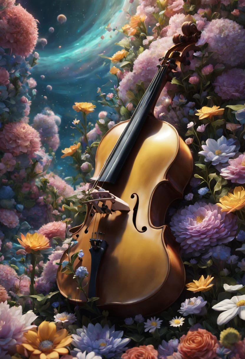 sea of flowers, aesthetic, "old cello covered in celestial cosmic flowers"; detailed matte painting, deep color, fantastical, intricate detail, splash screen, complementary colors, fantasy concept art, 8k resolution trending on artstation Unreal Engine 5