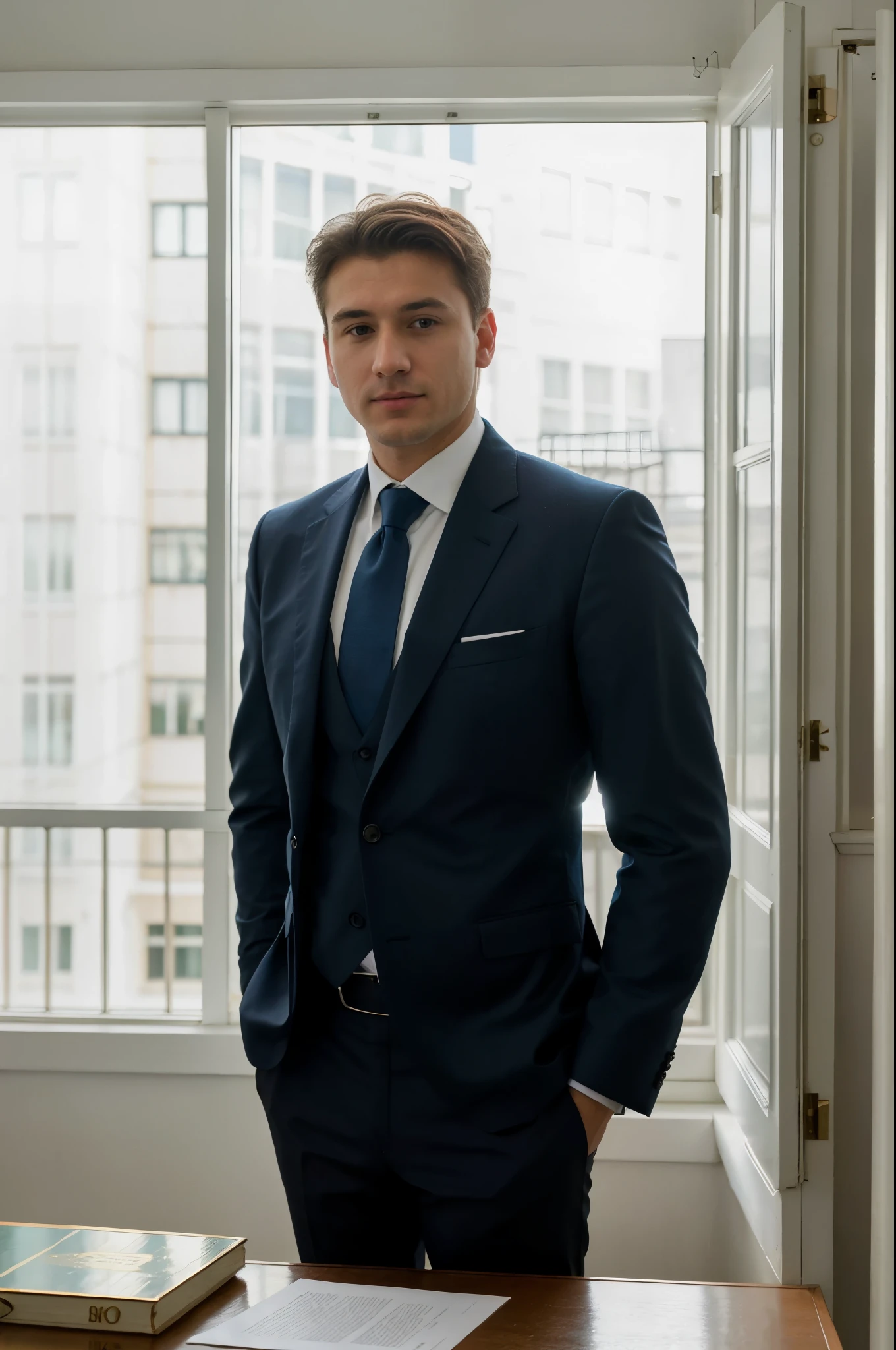 (Masterpiece, Highest quality, ultra high resolution: 1.4, High detail, 8k wall paper), (realism: 1.4), A distinguished gentleman in a crisp blue three-piece suit sits at an elegant office desk, an open laptop in front of him. HD , Photo, Movie, cinematic. Его короткие светлые волосы аккуратно уложены Realistic, (8K, Raw-Photo, Best quality, Masterpiece:1.2), and the light from the window casts a warm glow on his face. The closet behind him is filled with carefully arranged folders containing important documents.. (Realistic, фотоRealistic:1.33), Best quality, daylight, depth of field.