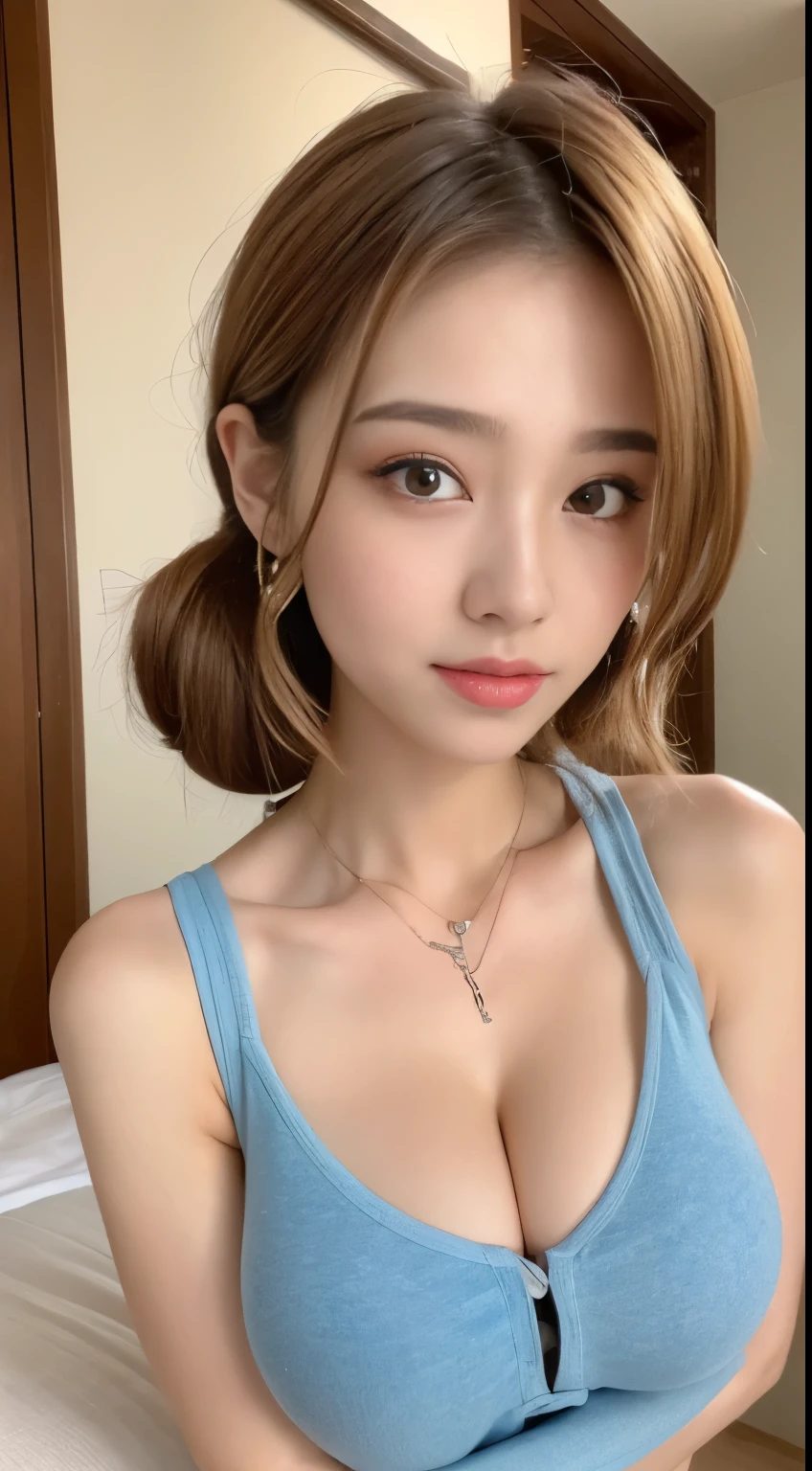 ((highest quality, 8k, masterpiece :1.3)), 1 girl, A cute woman who emphasizes her slender abdominal muscles:1.3, (casual hairstyles, huge tit:1.2),big breasts,cleavage, leisure wear:1.2, in the room, super detailed face, detailed eyes, double eyelid,Keep your hair color casual