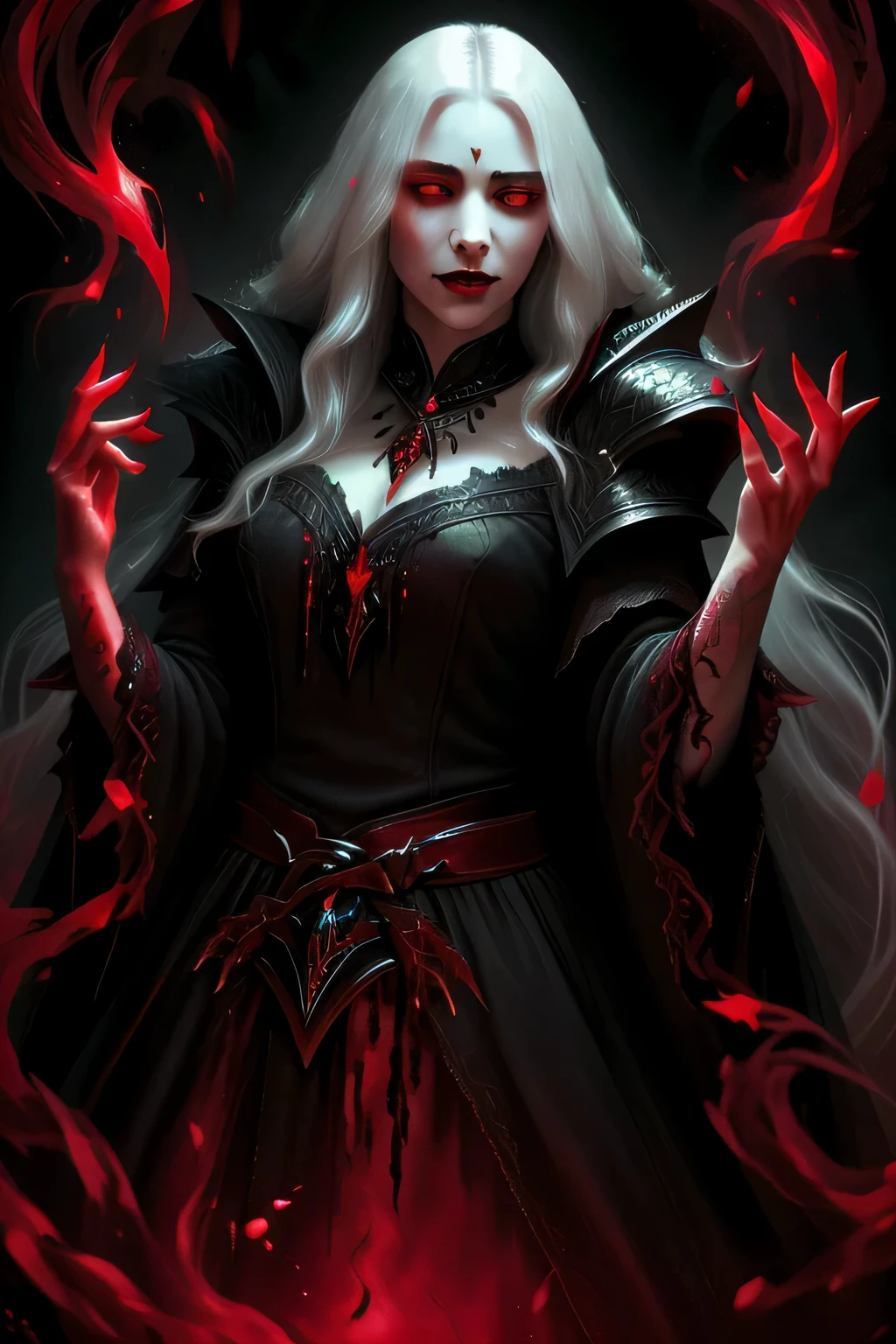Young woman, long white hair, The Dark Lord'robe, studded shoulder pads, the villain, death knight, conjures up, casts a spell, blood magic, epic pose, The Dark Lord, A vampire, blood, Blood Mage, detailed face, face tattoo, perfect fingers, red burning eyes, pupils are not visible