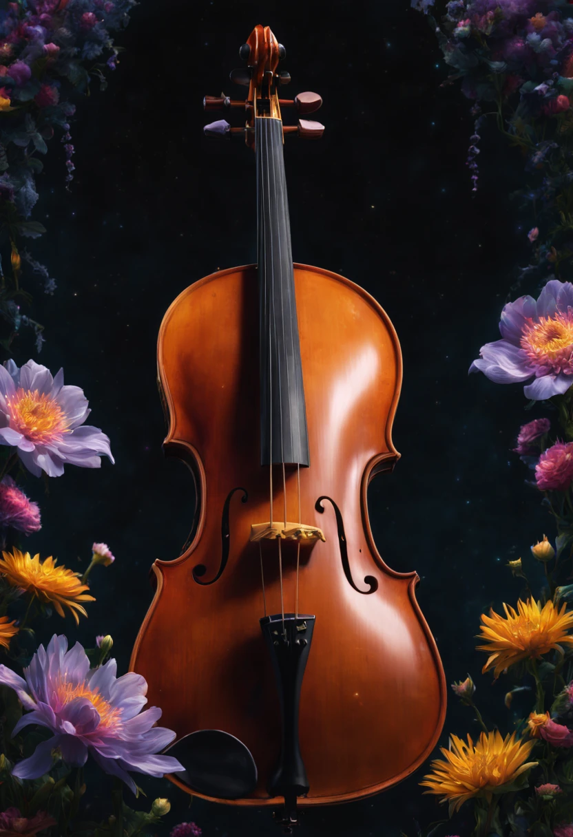 sea of flowers, aesthetic, "old cello covered in celestial cosmic flowers"; detailed matte painting, deep color, fantastical, intricate detail, splash screen, complementary colors, fantasy concept art, 8k resolution trending on artstation Unreal Engine 5