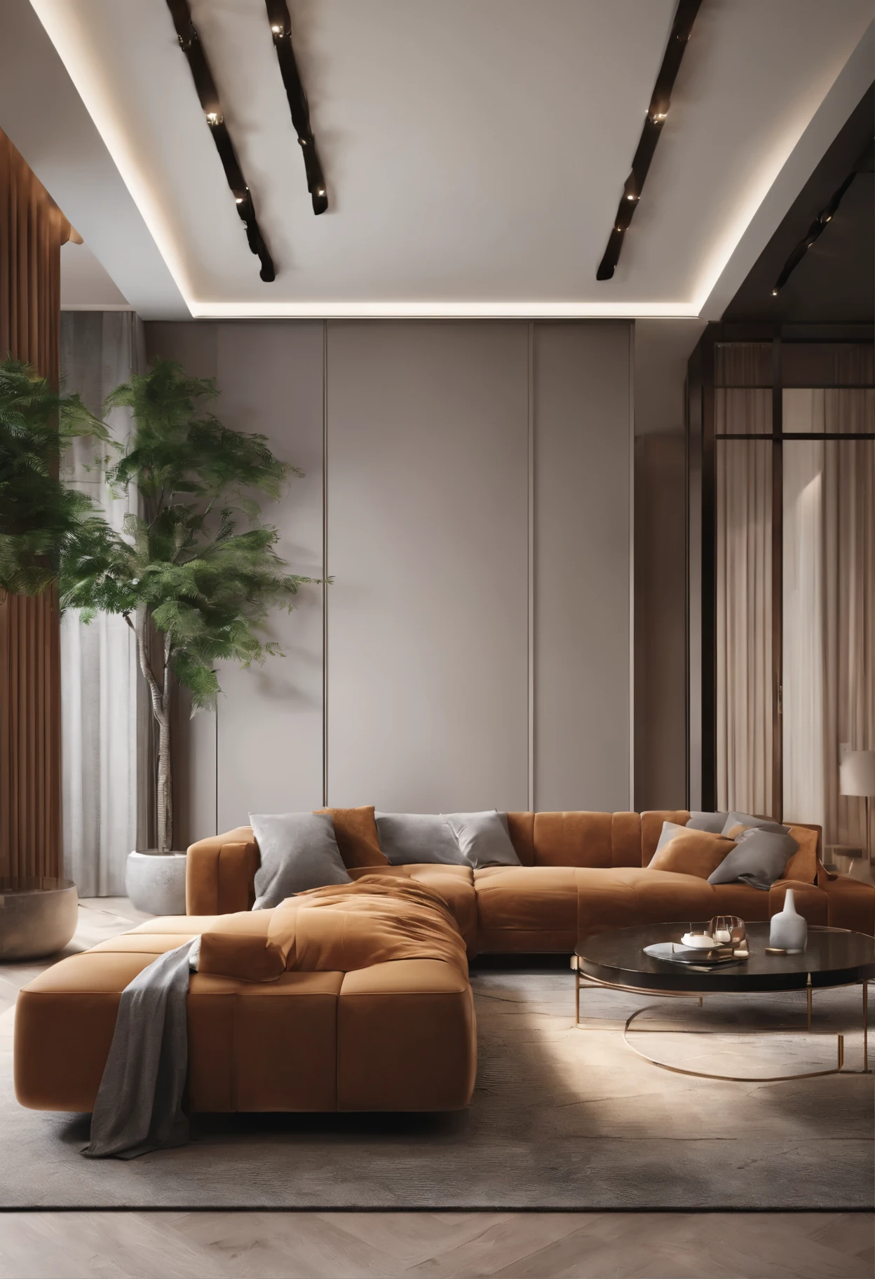 you are a famous interior designer、I was asked to create a 3D image of a large modern room.。. Create a harmonious environment with modern and minimalist furniture. Including garden interior.