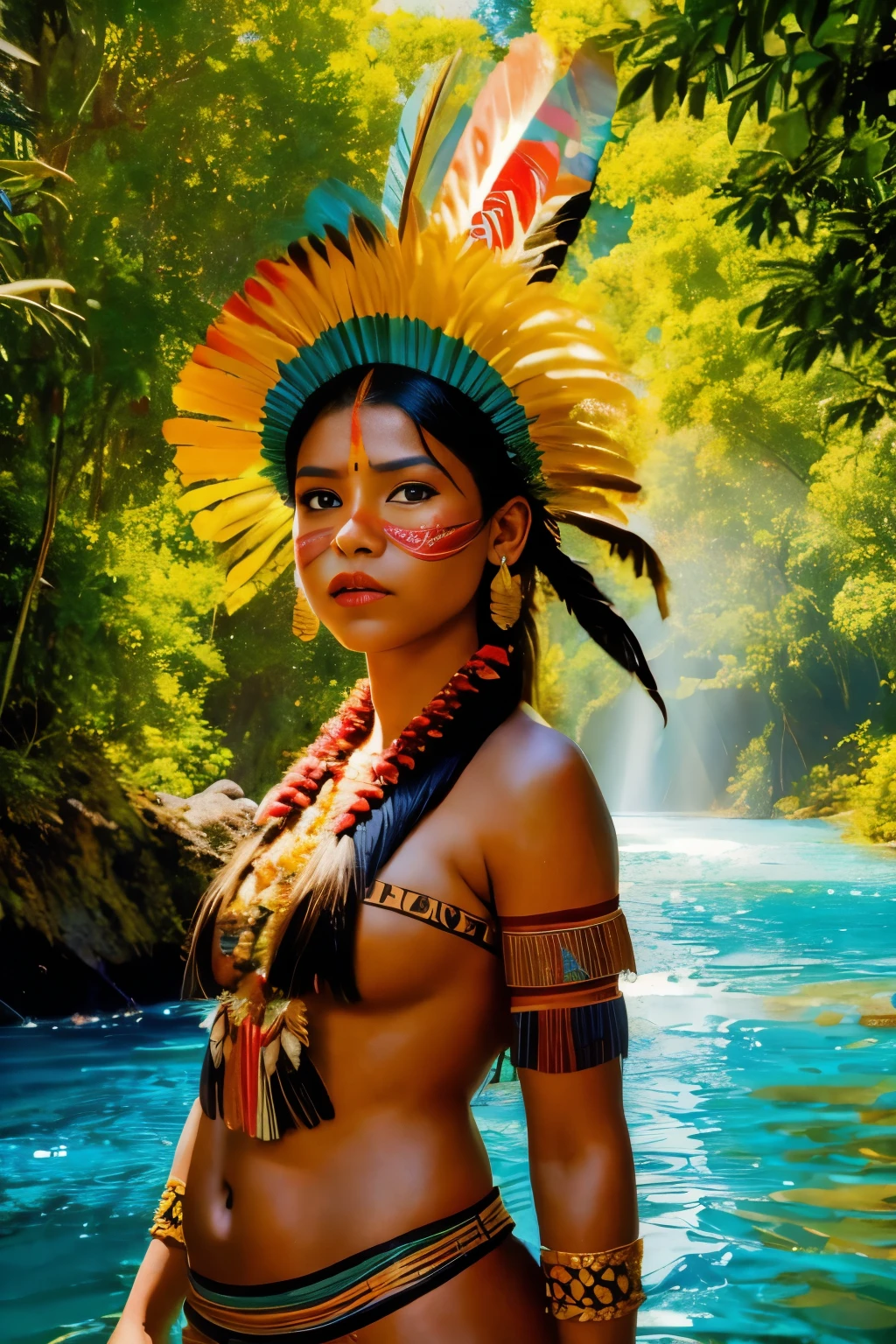 (((SFW))). ((RAW photo, Best quality)), (Realistic, photo-realistic:1.4). On River, A beautiful indigenous girl in native dress with feathers and feathers on her head, (((tribal Painting face))), Full indigenous clothes. amazon indian peoples in brazil, beautiful young female brazilian Native girl, paint face, Hot Body, Yanomami Indian in typical costumes,High quality. Amazonia forest and river Background, sunbeams. vivid colors, cinematic lighting.