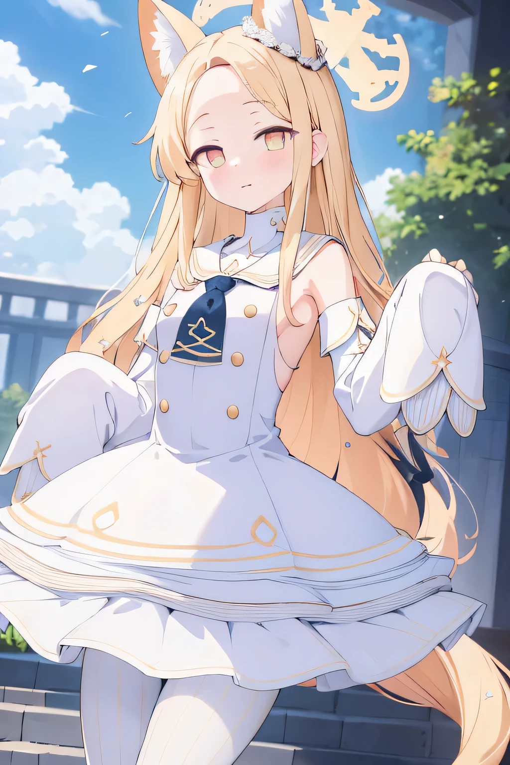 detached sleeves white frilled dress white sailor collar sleeves past wrists white pantyhose, blonde hair, long hair, halo on head, masterpiece, 8k resolutions, best quality