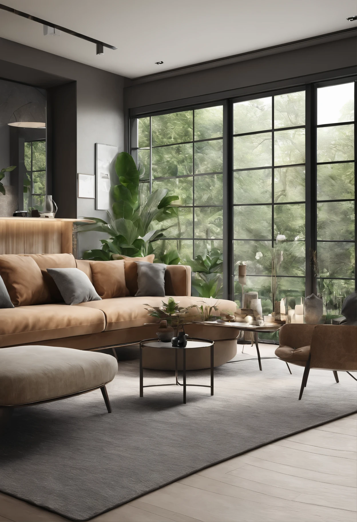 you are a famous interior designer、I was asked to create a 3D image of a large modern room.。. Create a harmonious environment with modern and minimalist furniture. Including garden interior.