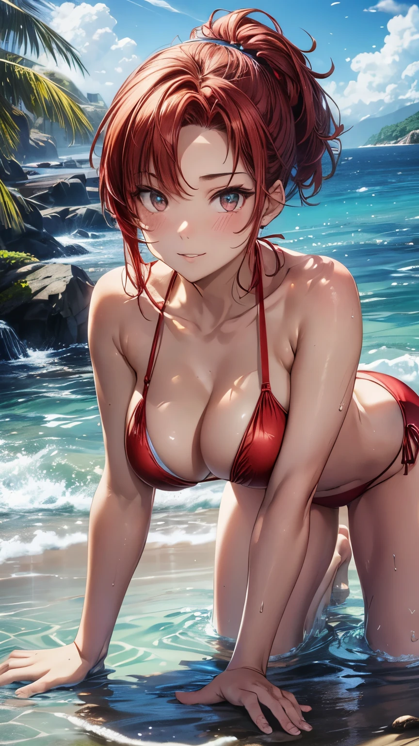 highest quality、All limbs、full finger、one beautiful woman、beautiful big breasts、bare hands、barefoot、short hair、ponytail、(red hair woman:1.3)、(((woman wearing red bikini)))、beach、clear light blue sea、big smile、sexy pose、wet textured female body、crawl on all fours