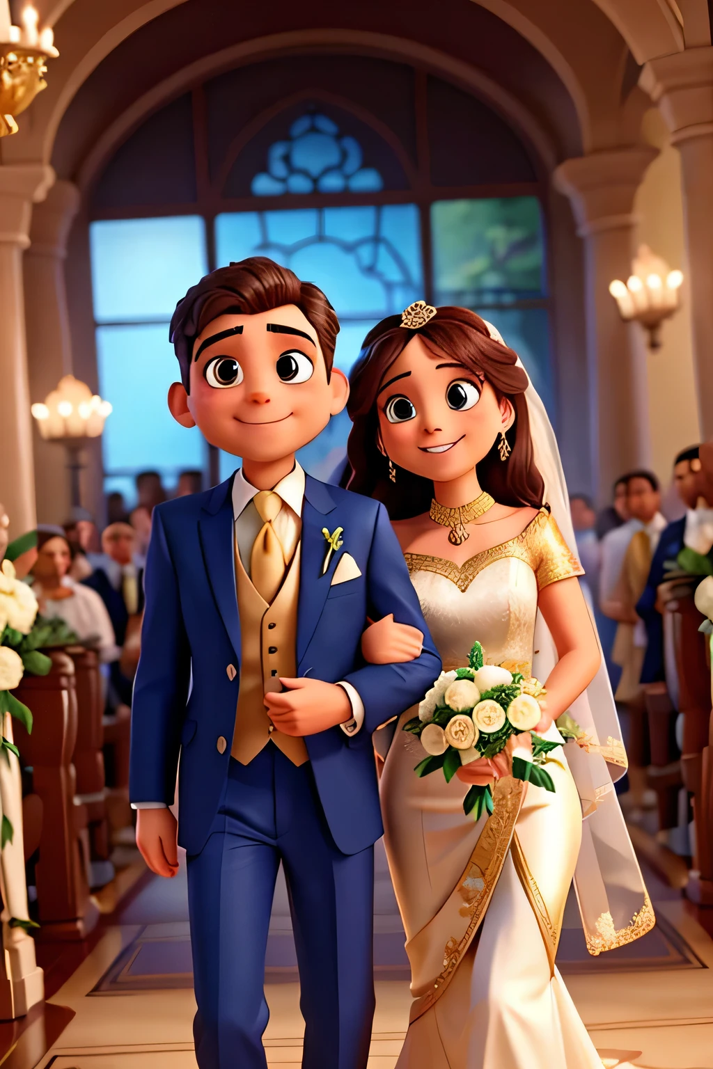 (gold, gold ring), fresh flowers, and surrounded by joyful friends and family members. The venue is filled with soft romantic lighting. The bride is wearing a stunning white indian saree details. The groom is dressed in a tailored navy blue suit with a matching tie and pocket square. The overall scene exudes a sense of love, happiness, and anticipation. The colors are vibrant and the details are extremely realistic. The image quality is of the highest caliber, with ultra-detailed features, sharp focus, and vivid colors. The artwork is presented in a pixar style, capturing every emotion and moment.