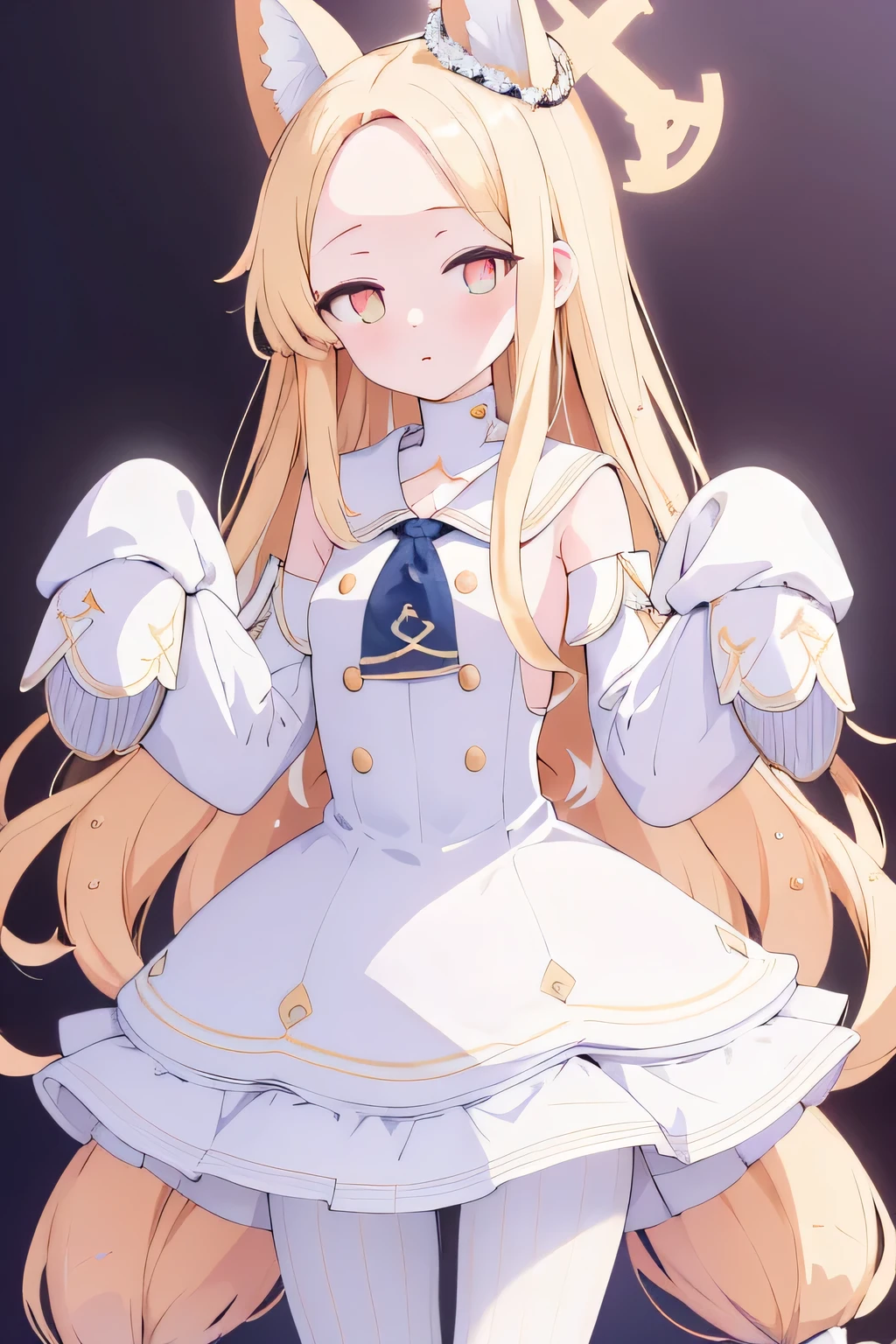 detached sleeves white frilled dress white sailor collar sleeves past wrists white pantyhose, blonde hair, long hair, halo on head, masterpiece, 8k resolutions, best quality, look at viewer