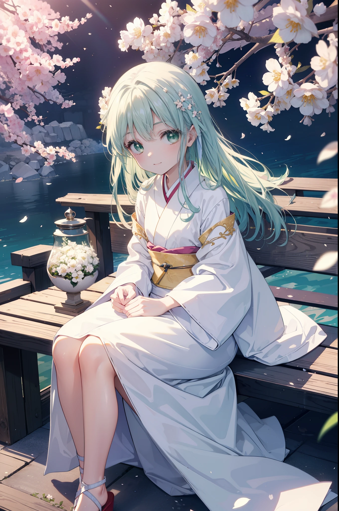 index, index, (green eyes:1.5), blue hair, long hair, (flat chest:1.2),smile,Gorgeous white floral pattern kimono,Large sleeves,Zori sandals,The cherry blossoms have bloomed,Cherry blossoms are scattered,noon,spring,sitting on the bench,There is a box of food on the leg,
break looking at viewer, Upper body, whole body,
break outdoors, garden,
break (masterpiece:1.2), highest quality, High resolution, unity 8k wallpaper, (figure:0.8), (detailed and beautiful eyes:1.6), highly detailed face, perfect lighting, Very detailed CG, (perfect hands, perfect anatomy),