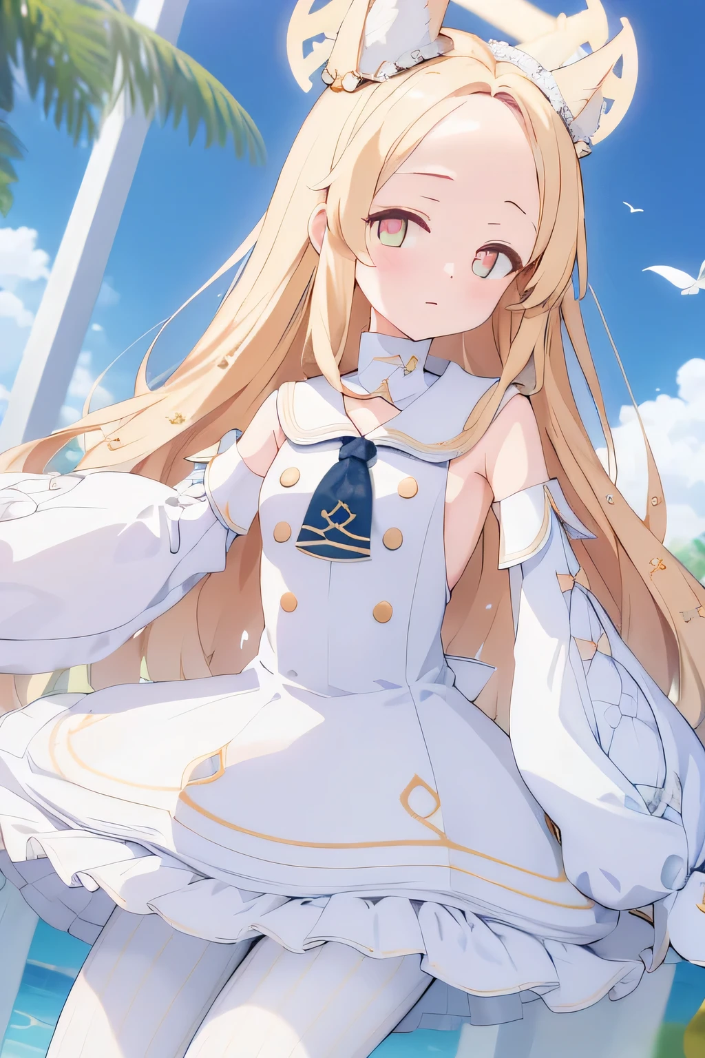 detached sleeves white frilled dress white sailor collar sleeves past wrists white pantyhose, blonde hair, long hair, halo on head, masterpiece, 8k resolutions, best quality, look at viewer