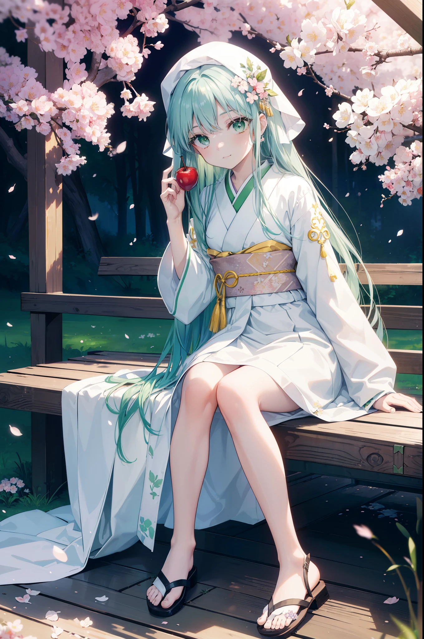 index, index, (green eyes:1.5), blue hair, long hair, (flat chest:1.2),smile,Gorgeous white floral pattern kimono,Large sleeves,Zori sandals,The cherry blossoms have bloomed,Cherry blossoms are scattered,noon,spring,sitting on the bench,There is a box of food on the leg,
break looking at viewer, Upper body, whole body,
break outdoors, garden,
break (masterpiece:1.2), highest quality, High resolution, unity 8k wallpaper, (figure:0.8), (detailed and beautiful eyes:1.6), highly detailed face, perfect lighting, Very detailed CG, (perfect hands, perfect anatomy),
