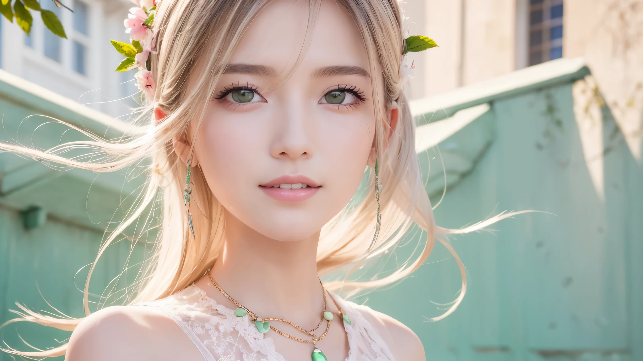 masterpiece, award winning, high quality, super detail, 8k, photo, girl, solo, smile, black hair, elegant dress, elegant clothes, spring clothes, modern fashion, (theme color is pale pink and peppermint green), complemented with a necklace, (close up), (portrait style), in an old European town, classic European architecture, in early spring, natural daylight, direct sunlight, harmonious color palette and composition