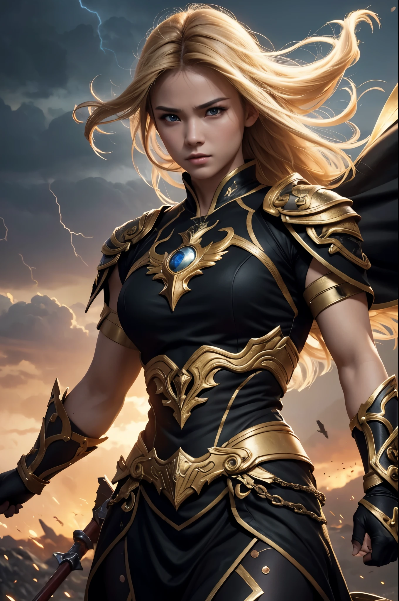 8k、alone、16 year old thunder goddess,Super beautiful(like the real thing),golden eyes,Super beautiful,beautiful blonde,goddess makeup,gorgeous black small breast long dress,sexy.golden decoration,,Remains,amazing work of art、wind effect:1.9、cloud effect:1.2、thundercloud,violent and strong lightning(most),full rendering、unreal engine,ultra high resolution,super realistic skin,Super precise hand details,fantasy art,battle scene,action scene,action pose,fighting style,Photorealistic RAW photos of the highest quality。Backlight, cinematic lighting, film grain, to be born, 50mm lens, Nikon D850,realistic skin,fantasy art,character art,ultra high resolution,Macho with a muscular slender body,Precise facial details,fighting pose,dynamic pose,grim expression,Improve the quality of facial expressions,perspective from above,accurate human body structure,perfect hands,golden hair ornament,