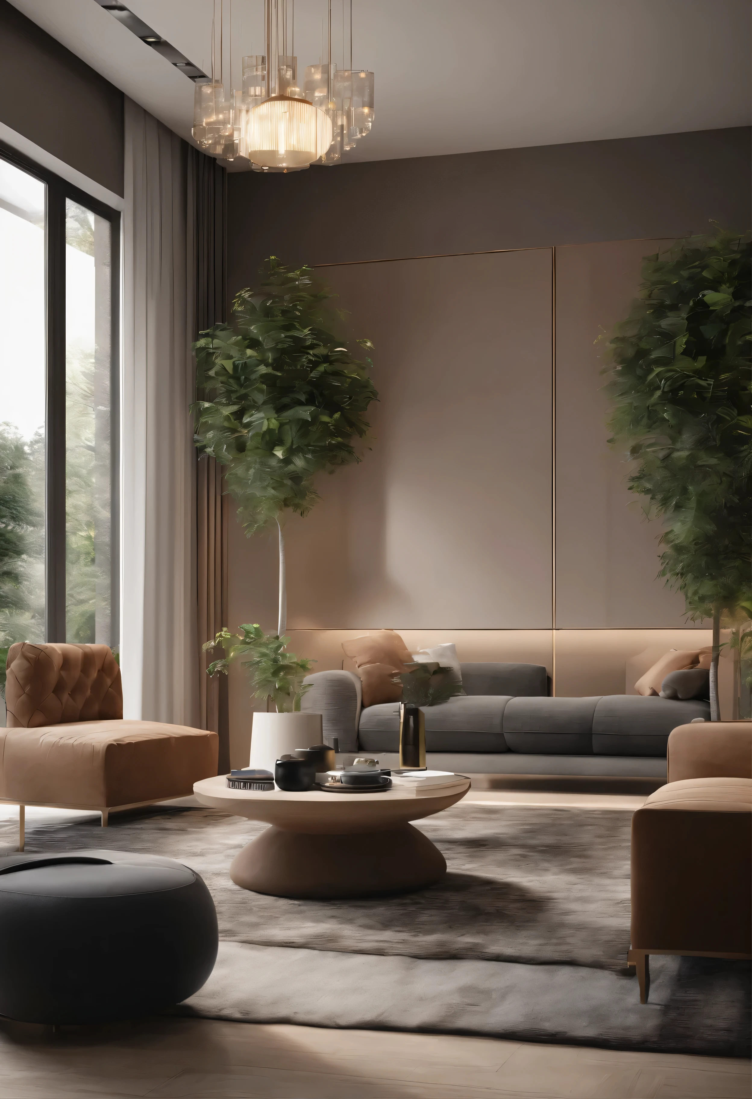 you are a famous interior designer、I was asked to create a 3D image of a large modern room.。. Create a harmonious environment with modern and minimalist furniture. Including garden interior.