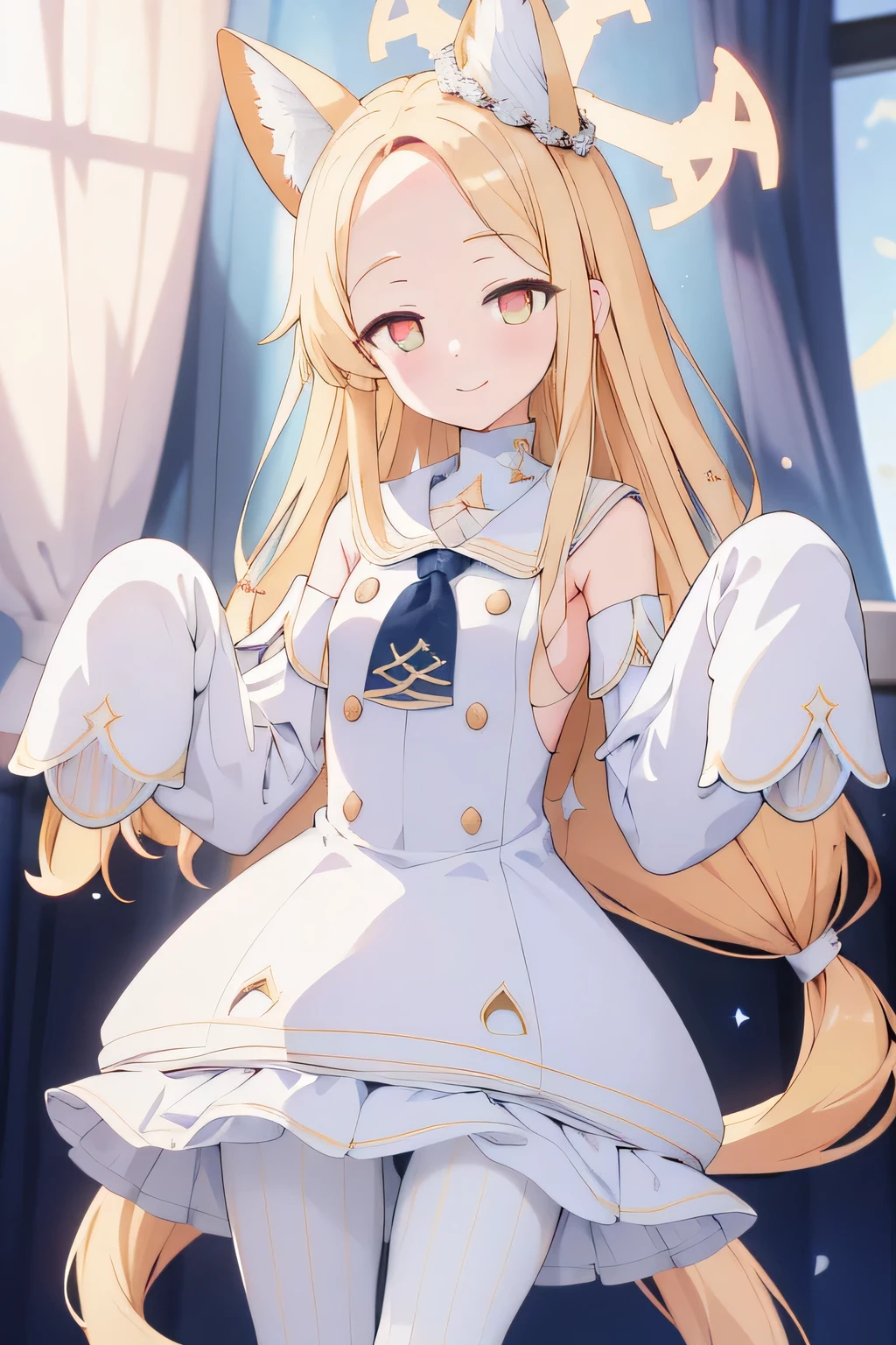 detached sleeves white frilled dress white sailor collar sleeves past wrists white pantyhose, blonde hair, long hair, halo on head, masterpiece, 8k resolutions, best quality, look at viewer, smile