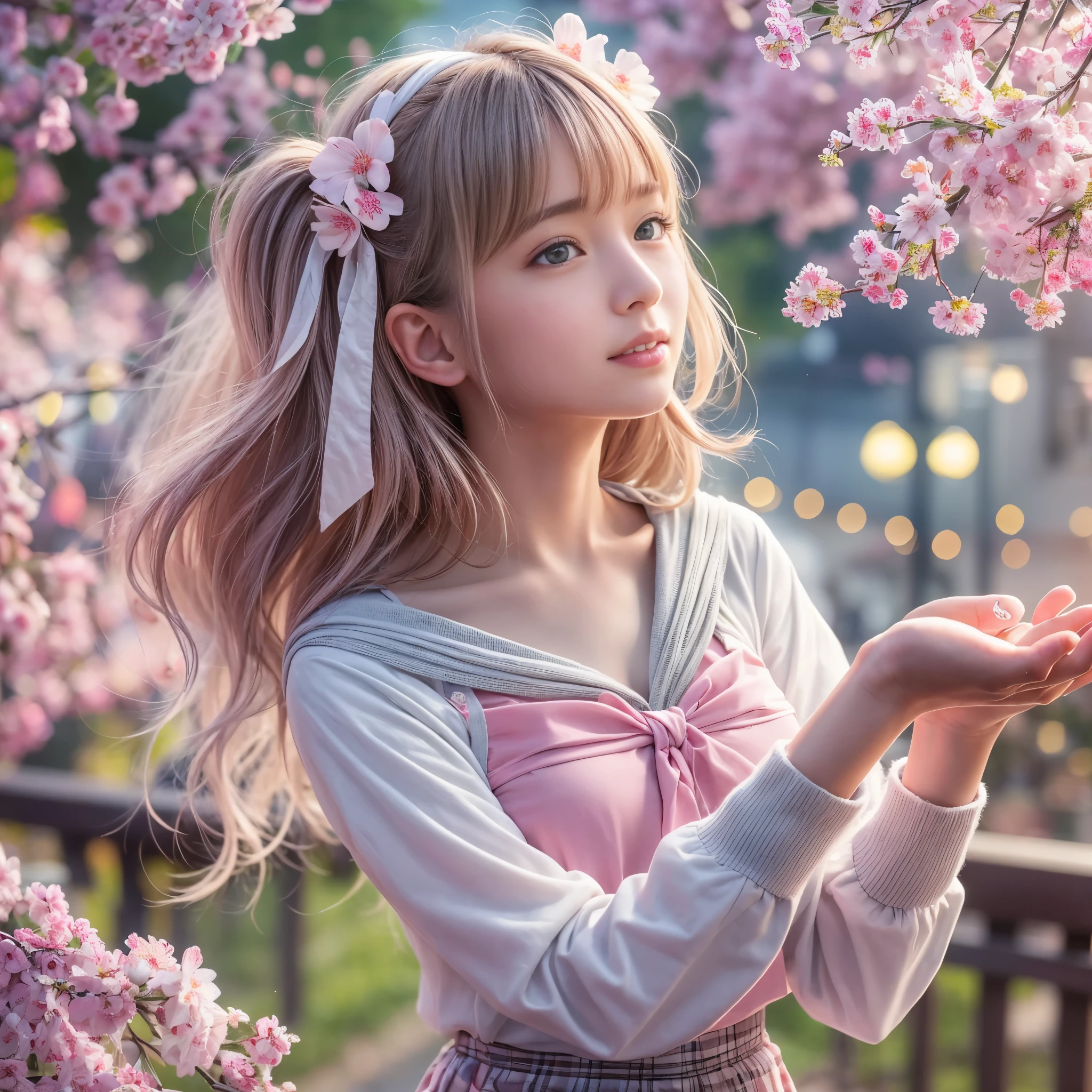(RAW photo:1.2), (realistic), beautiful detailed girl, very detailed eyes and face, detailed and beautiful eyes, huge file size, High resolution, very detailed, highest quality, [table top:1.6], figure, very detailed, small details, highest quality, 8k wallpaper, movie lighting, 15 year old Japanese junior high school student, cherry blossom fairy, Japanese city center, Release a cherry blossom blizzard from the palm of your hand, In underwear, A light pink bra is visible, Light pink panties are visible, A cherry blossom blizzard falls across the city, Because I&#39;m slender, immature body, young face, , underwear is exposed, cherry blossom fairyとなった女子中学生, Young Junior High School Girl