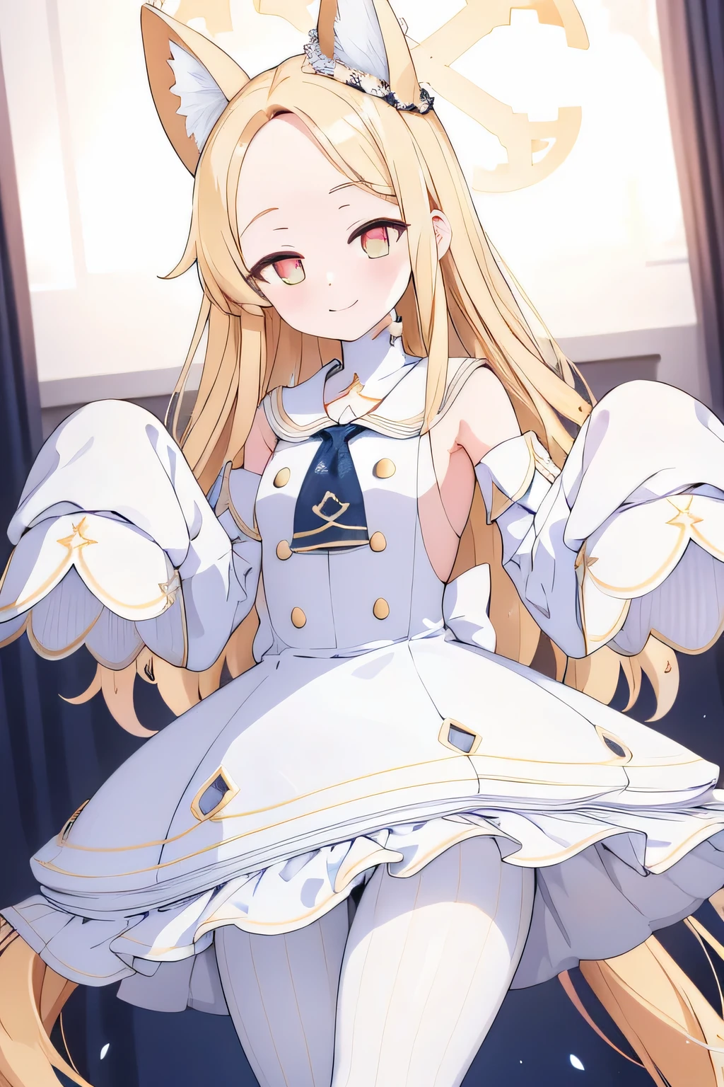 detached sleeves white frilled dress white sailor collar sleeves past wrists white pantyhose, blonde hair, long hair, halo on head, masterpiece, 8k resolutions, best quality, look at viewer, smile