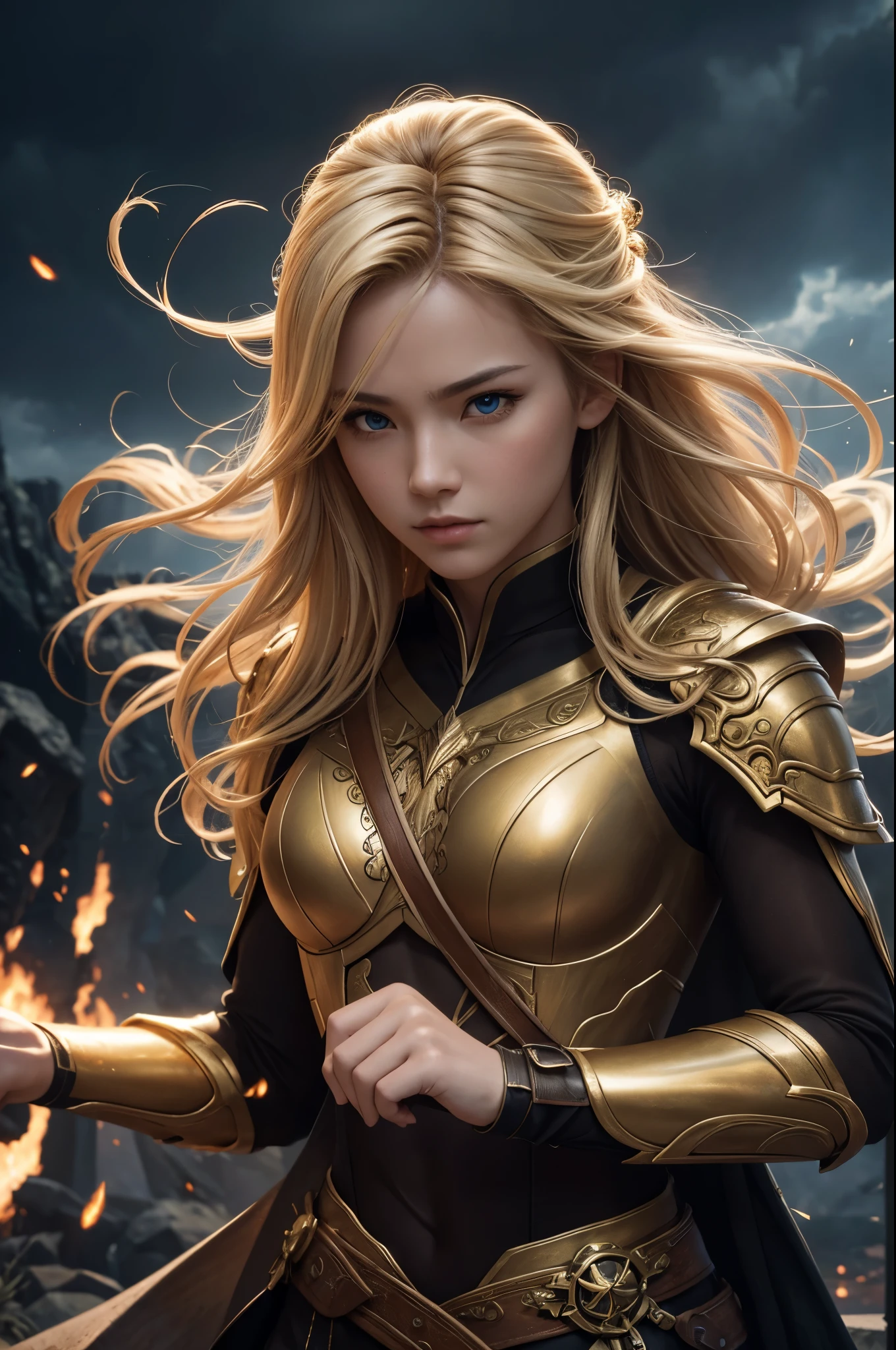 8k、alone、16 year old thunder goddess,Super beautiful(like the real thing),golden eyes,Super beautiful,beautiful blonde,goddess makeup,豪華な黒の小さな胸のsexyなロングドレス,sexy.golden decoration,,Remains,amazing work of art、wind effect:1.9、cloud effect:1.2、thundercloud,violent and strong lightning(most),full rendering、unreal engine,ultra high resolution,super realistic skin,Super precise hand details,fantasy art,battle scene,action scene,action pose,fighting style,Photorealistic RAW photos of the highest quality。Backlight, cinematic lighting, film grain, to be born, 50mm lens, Nikon D850,realistic skin,fantasy art,character art,ultra high resolution,Macho with a muscular slender body,Precise facial details,fighting pose,dynamic pose,grim expression,Improve the quality of facial expressions,perspective from above,accurate human body structure,perfect hands,golden hair ornament,