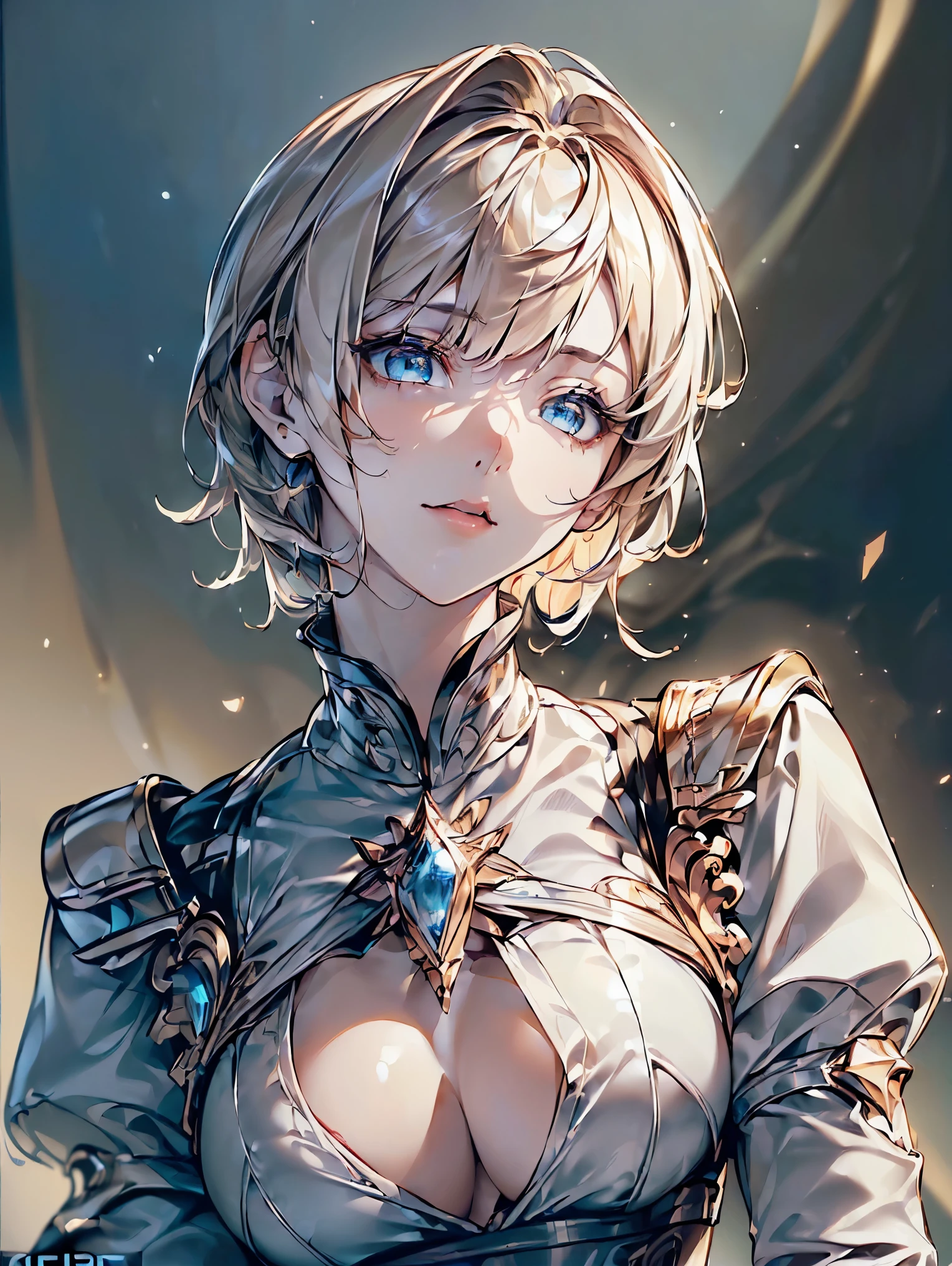 (( (masterpiece),(Highly detailed CG Unity 8k wallpaper),(bust shot:1.5), highest quality,cinematic lighting,Photoreal, detailed background,beautiful and detailed eyes,bright eyes,(very elegant and beautiful),(Beautiful and delicate depiction of eyes),Super detailed,masterpiece,High resolution)), Richly decorated armor, beautiful female warrior, short hair, platinum blonde hair, cleavage