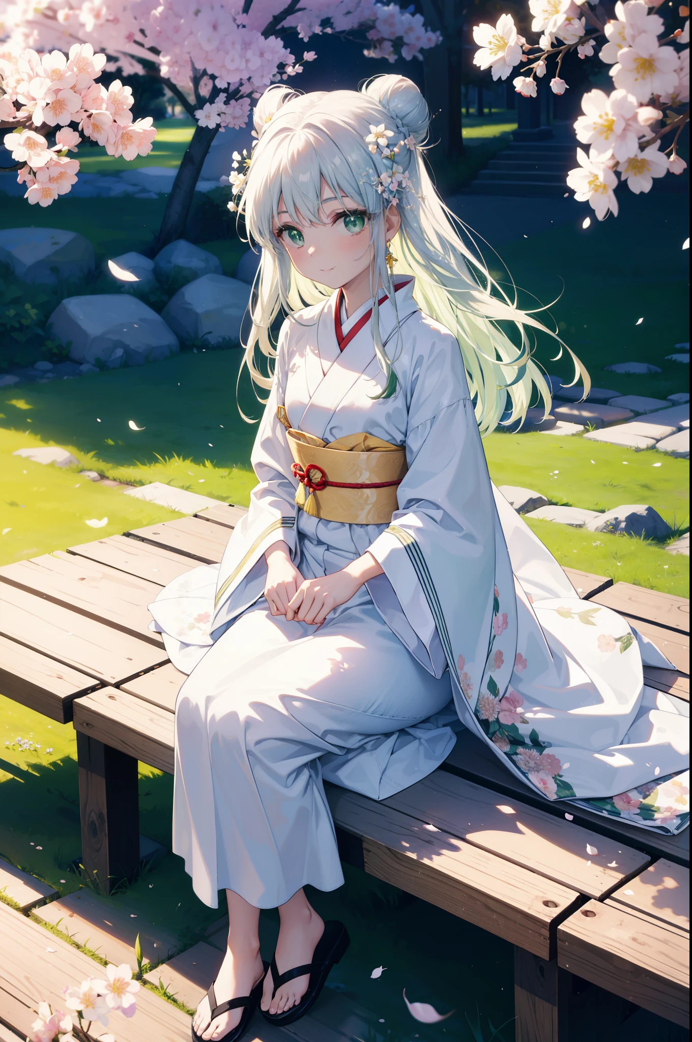 index, index, (green eyes:1.5), silver hair, long hair,bun hair, (flat chest:1.2),smile,mouth open,Gorgeous white floral pattern kimono,Large sleeves,Zori sandals,The cherry blossoms have bloomed,Cherry blossoms are scattered,noon,spring,sitting on the bench,There is a box of food on the leg,
break looking at viewer, Upper body, whole body,
break outdoors, garden,
break (masterpiece:1.2), highest quality, High resolution, unity 8k wallpaper, (figure:0.8), (detailed and beautiful eyes:1.6), highly detailed face, perfect lighting, Very detailed CG, (perfect hands, perfect anatomy),