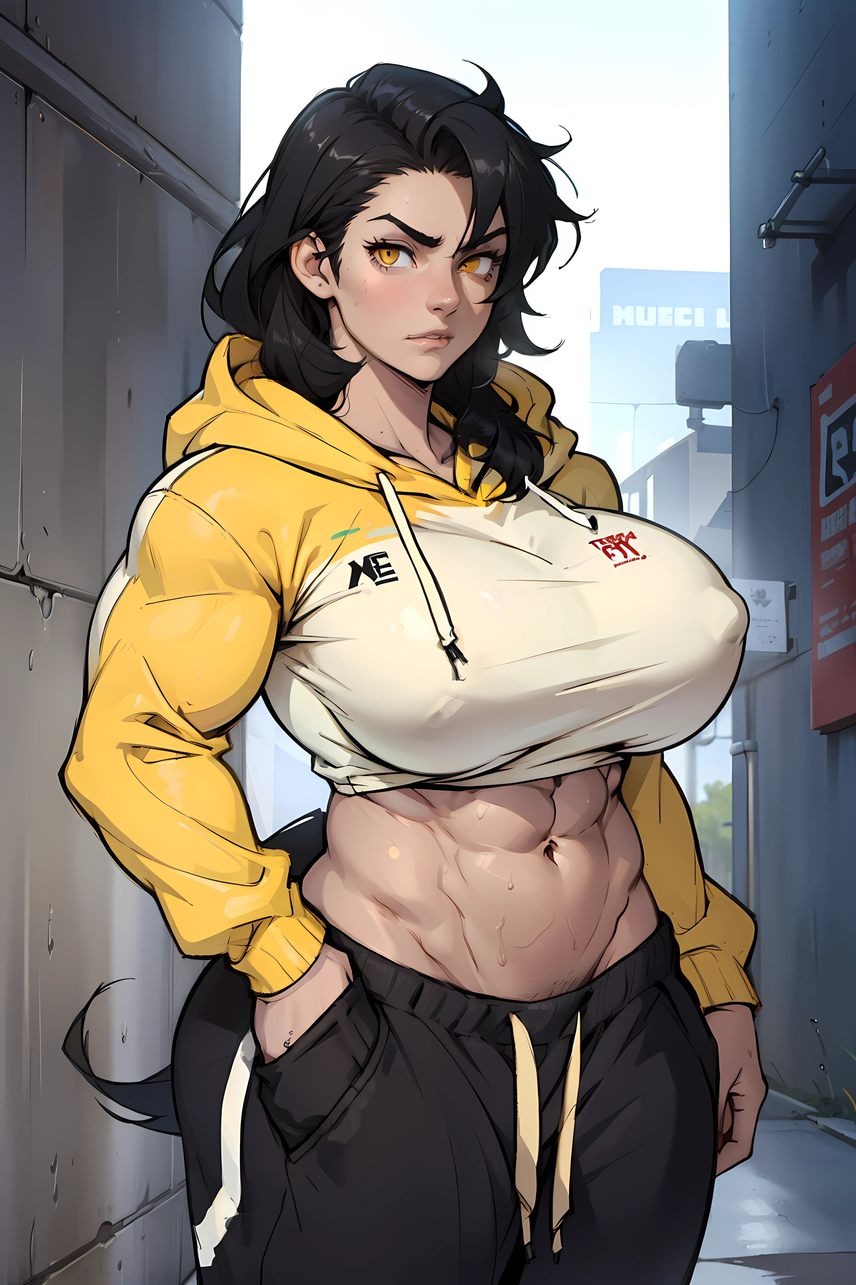 ((((((muscular 1 girl)))))), huge breasts, toned body, black hair, pale skin, yellow eyes, very long hair hoodie sweatpants, navel