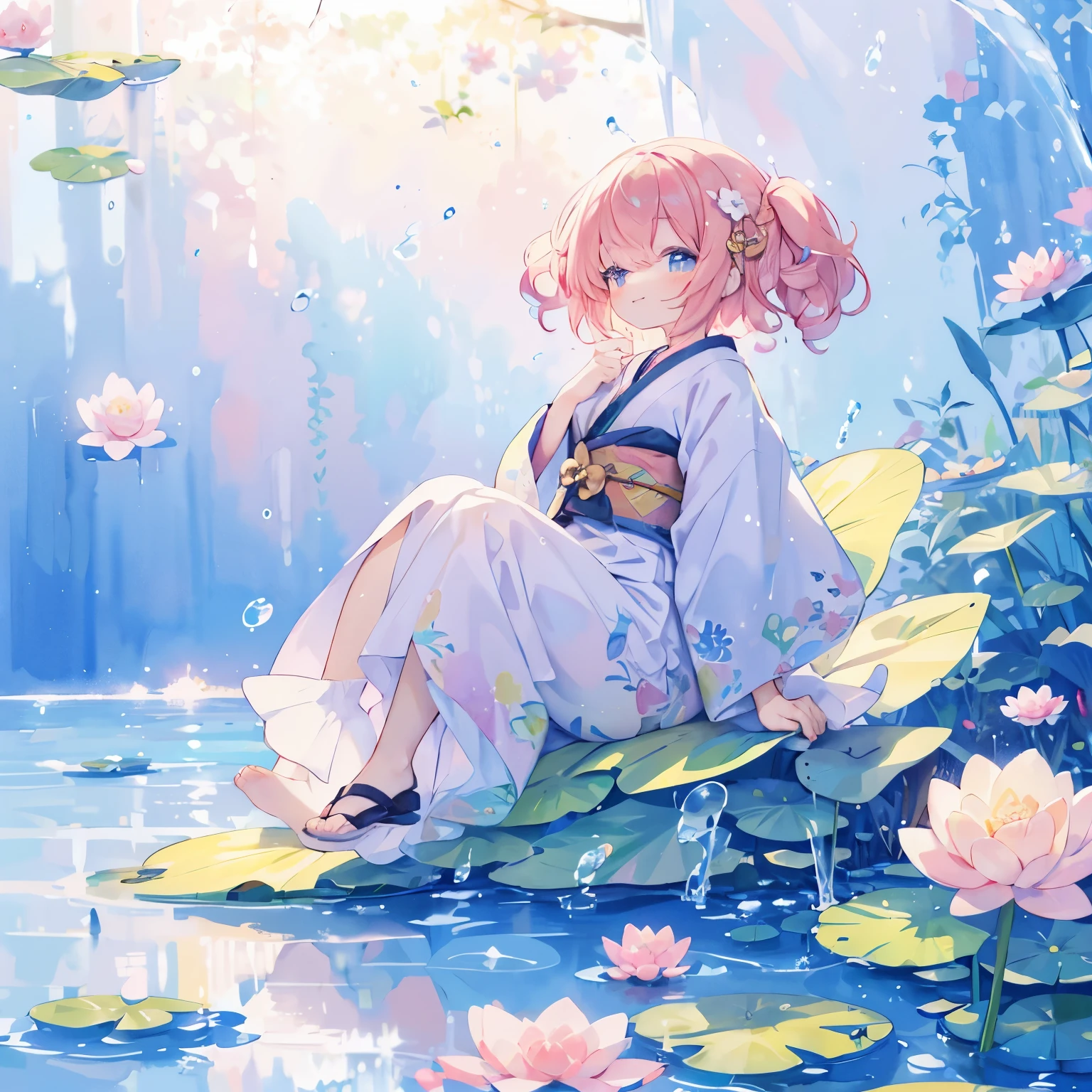 (Pastel color: 1.5), (Cute illustration: 1.5), (Watercolor: 1.2), (1 girl: 1.0), Hair between the eyes, blue background, red fluttery clothes, lots of excitement, good style, heart glitter, white and red motif, bright red hair, cute, bouncing head, short hair, wavy hair, curly hair, happy playing, celebration, thanksgiving, undulating hair, water lily motif , sly smile, full body Esbian, fantasy, detailed image, slight smile, Toyowa Toyowa, water lilies, lake, water lilies swim around the girl, underwater, watercolor, haze, hair swaying, full body Esbian, flapping shoes, Japan dress, beautiful, luxury kimono, golden color, splashing gold powder, cute, wren, queen, sit on a big water lily, lots of water lilies, lotus, lotus flowers bloom