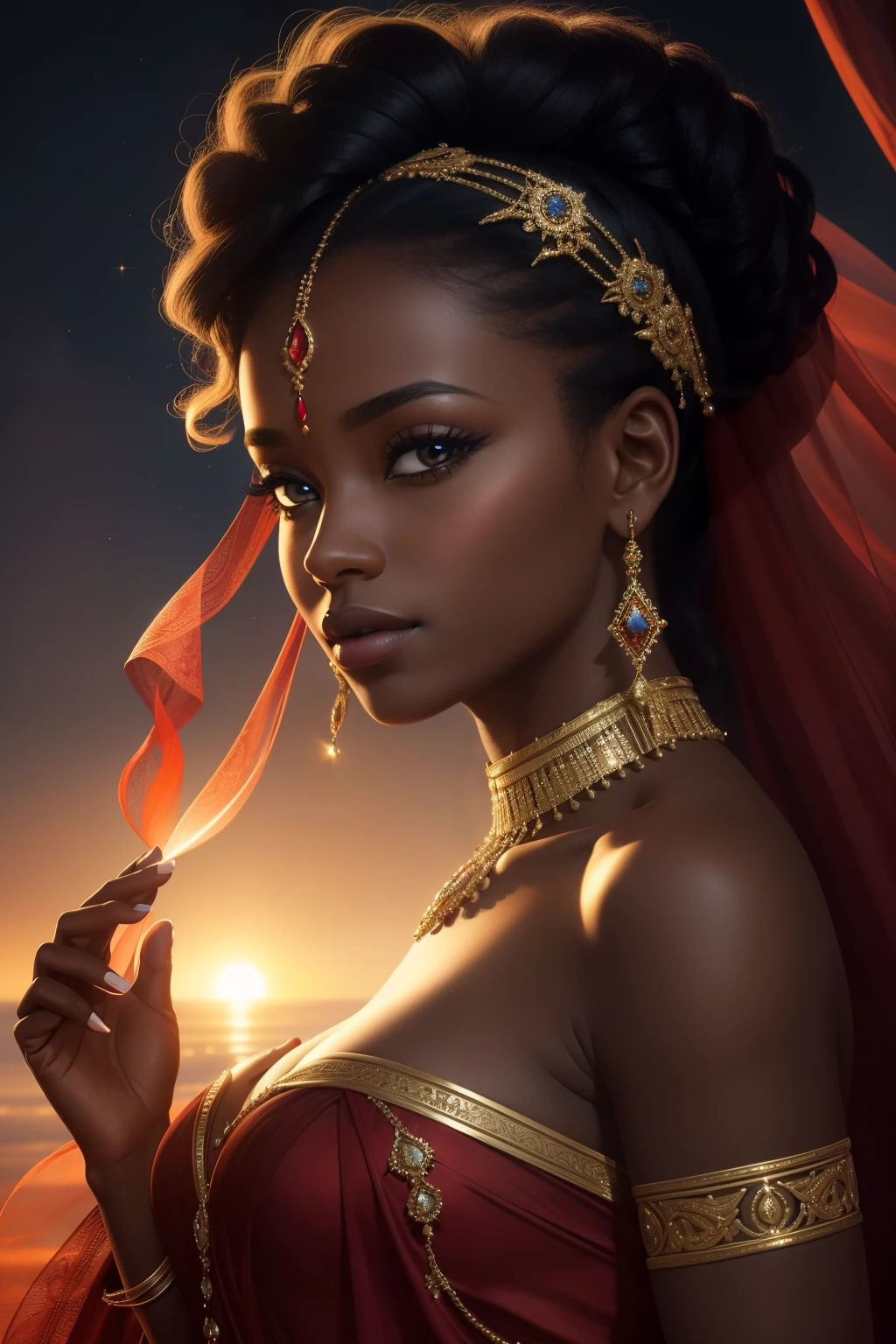 Behold the enchanting convergence of two distinct artistic realms in this visual masterpiece. The first subject unveils the hyper-realistic portrayal of a radiant black woman, her countenance adorned with regal elegance as she graces an empty expanse in an ethereal glittering gown. The second subject reveals the enchanting oil painting of the vibrant red smoke ascending amidst the breathtaking sunrise, its hues rich and evocative. Witness the harmonious coexistence of these two distinct realms, poised to captivate your senses. With a keen focus on detail, the image presents the woman's visage in clean, sharp