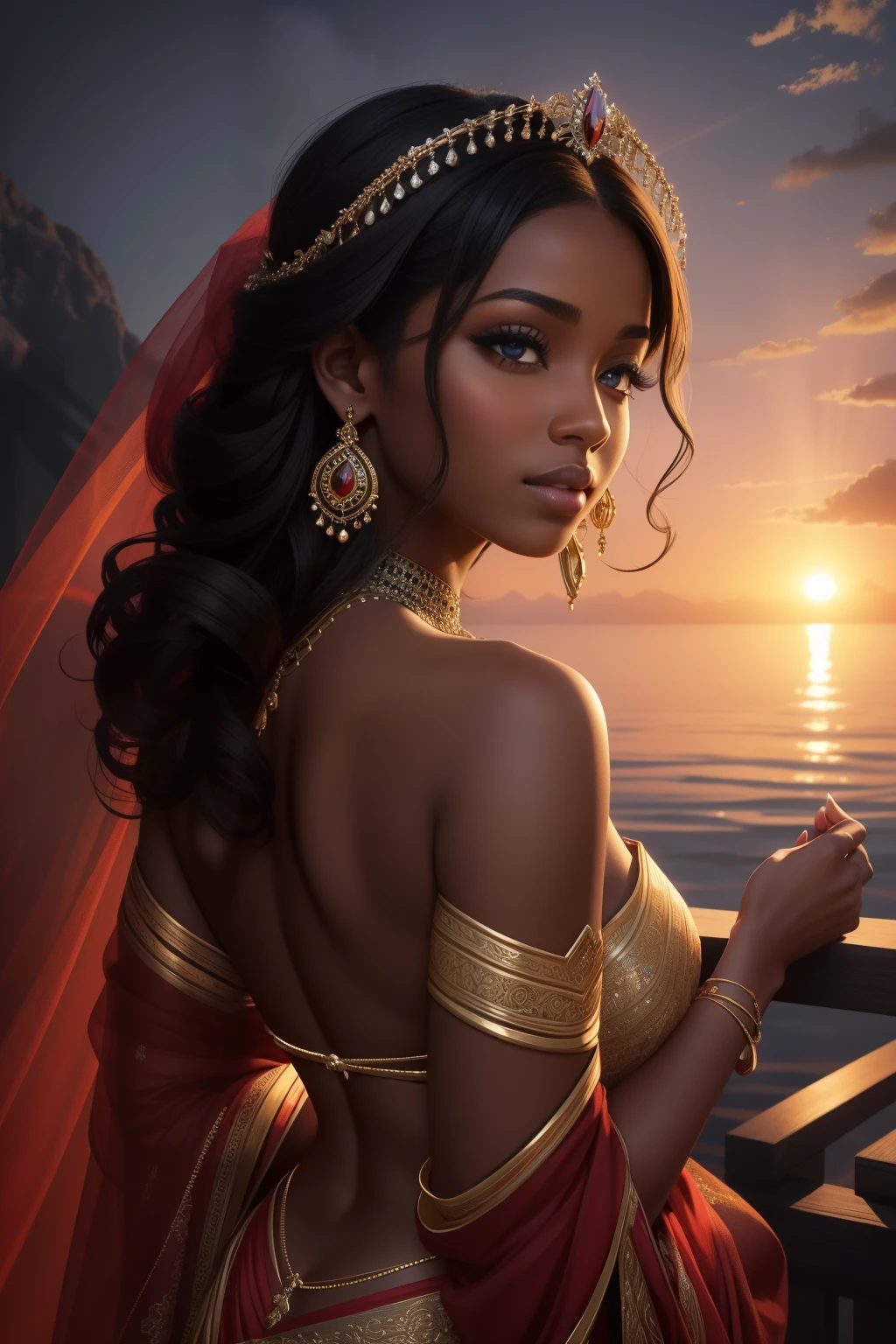 Behold the enchanting convergence of two distinct artistic realms in this visual masterpiece. The first subject unveils the hyper-realistic portrayal of a radiant black woman, her countenance adorned with regal elegance as she graces an empty expanse in an ethereal glittering gown. The second subject reveals the enchanting oil painting of the vibrant red smoke ascending amidst the breathtaking sunrise, its hues rich and evocative. Witness the harmonious coexistence of these two distinct realms, poised to captivate your senses. With a keen focus on detail, the image presents the woman's visage in clean, sharp