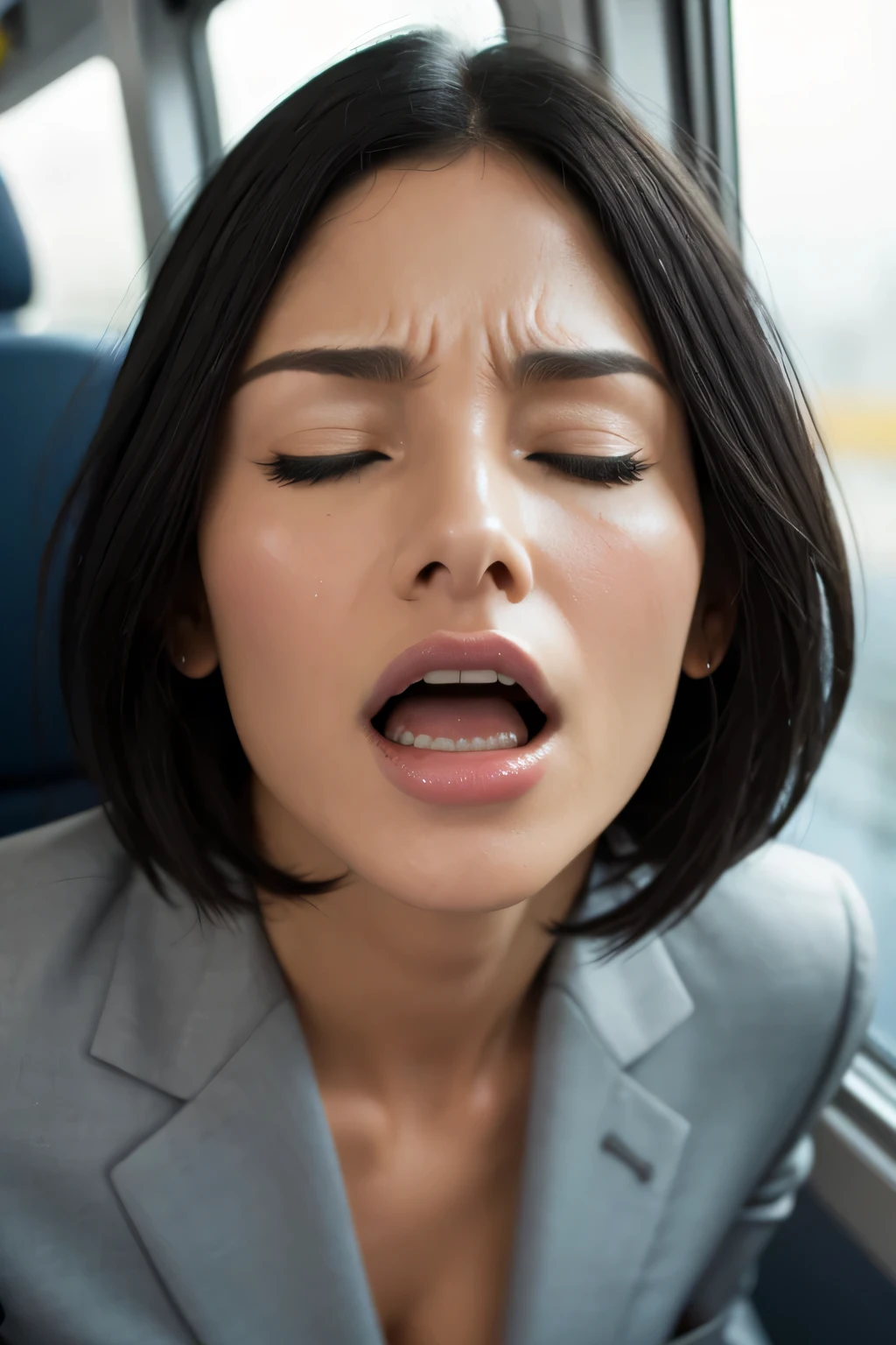 1 girl,debris flies,,Award-winning photo, very detailed, edge orgasm,face focus, (woman with open mouth and closed eyes ), 30 years old、black hair、shiny skin、close up of face,from below、realistic nostrils、elongated nasal cavity,、train、(train車内,at the window)、congestion、rush hour commute,Are standing、surrounded by male passengers((suit))、big breasts、(sharp nose)frown performance:1.4, concept,teeth,performance,facial performances,frown,please raise your head、Skin shiny with sweat