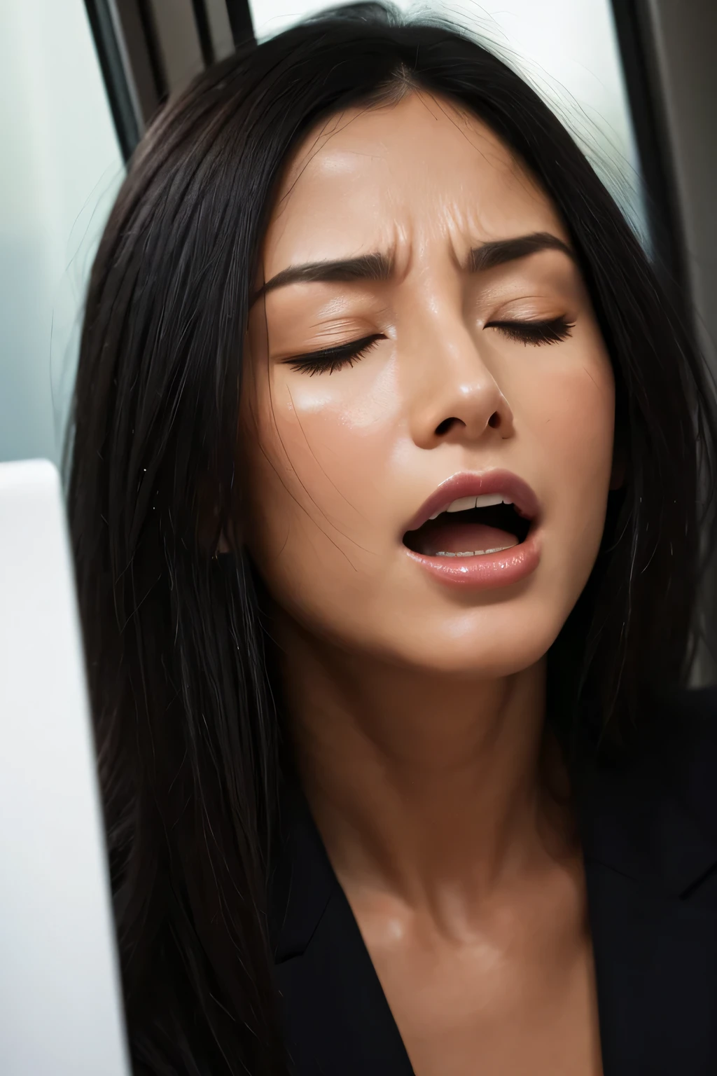 1 girl,debris flies,,Award-winning photo, very detailed, edge orgasm,face focus, (woman with open mouth and closed eyes ), 30 years old、black hair、shiny skin、close up of face,from below、realistic nostrils、elongated nasal cavity,、train、(train車内,at the window)、congestion、rush hour commute,Are standing、Surrounded by 6 male passengers((suit))、big breasts、(sharp nose)frown performance:1.4, concept,teeth,performance,facial performances,frown,please raise your head、Skin shiny with sweat