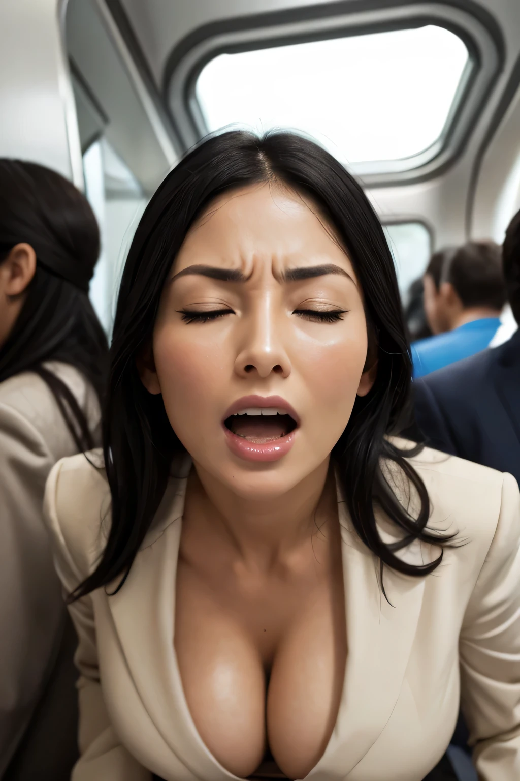 1 girl,debris flies,,Award-winning photo, very detailed, edge orgasm,face focus, (woman with open mouth and closed eyes ), 30 years old、black hair、shiny skin、close up of face,from below、realistic nostrils、elongated nasal cavity,、train、(train車内,at the window)、congestion、rush hour commute,Are standing、Surrounded by 6 male passengers((suit))、man behind２人Are standing,big breasts、(sharp nose)frown performance:1.4, concept,teeth,performance,facial performances,frown,please raise your head、Skin shiny with sweat