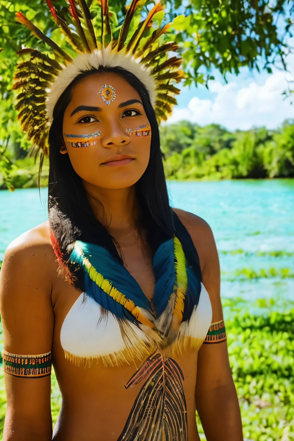 (((SFW))). ((RAW photo, Best quality)), (Realistic, photo-realistic:1.4). On River, A beautiful indigenous girl in native dress with feathers and feathers on her head, (((tribal Painting face))), Full indigenous clothes. amazon indian peoples in brazil, beautiful young female brazilian Native girl, paint face, Hot Body, Yanomami Indian in typical costumes,High quality. Amazonia forest and river Background, sunbeams. vivid colors, cinematic lighting.