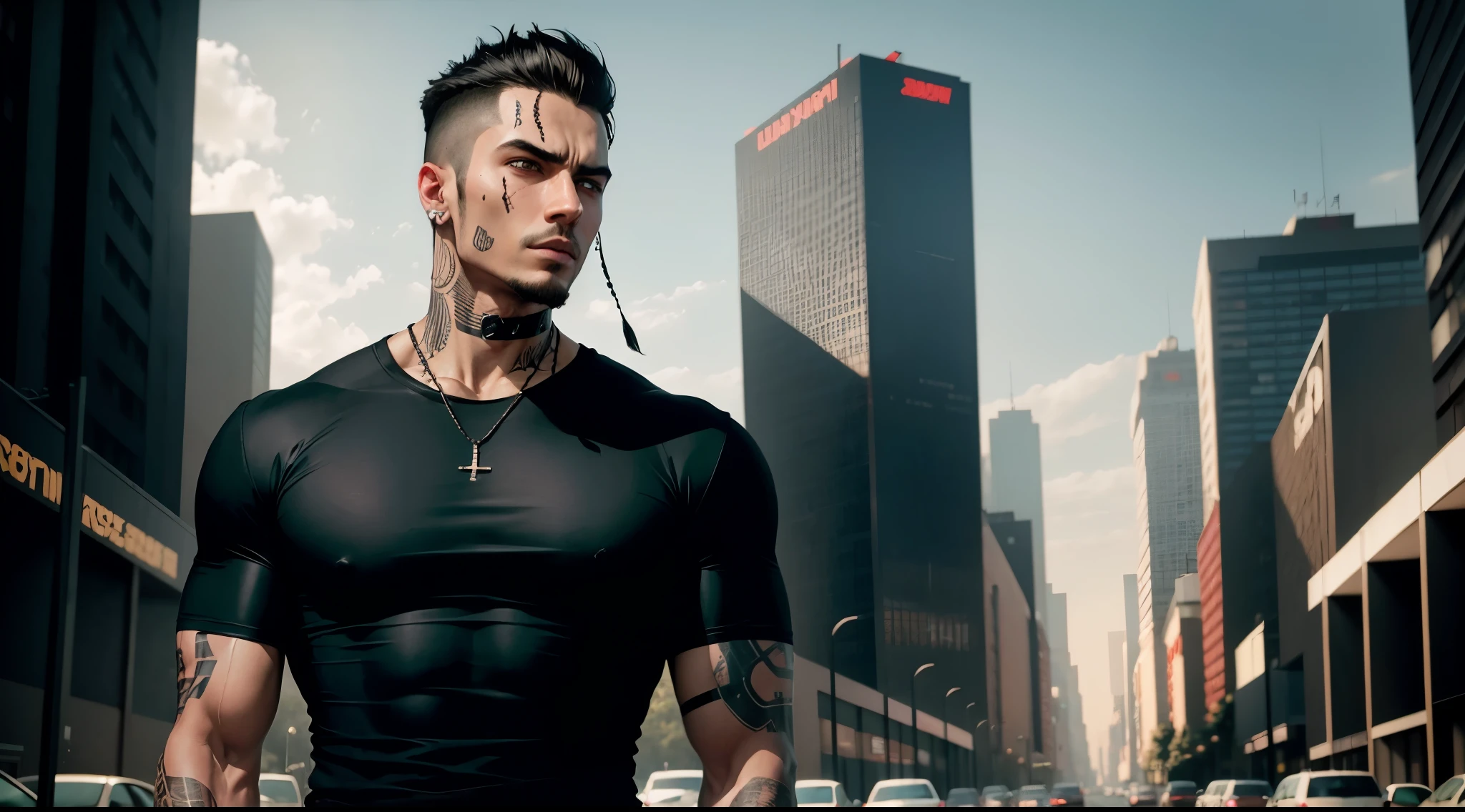 Arafed with tattoos on his arm and wearing a black shirt, 8k portrait shot, outlive Street clothes collection, he is wear a black t-shirt, Vitaly Bulgarov, portrait in the middle of the shot, Profile shot, aleksander rostov, wear a black t-shirt, trending R/Street clothes, in a black T-shirt, wear a black t-shirt, style: cyberpunk, background: A city in the distance, samurai sword in hands, Augmentation, Carbon, soft light, neonoveo lighting,