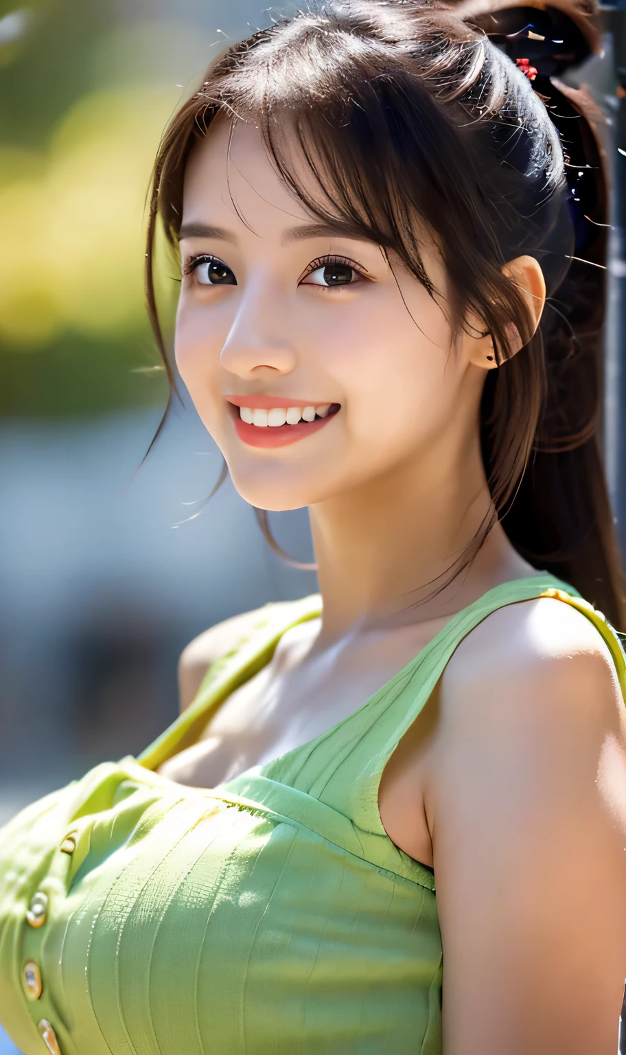 highest quality, masterpiece, 8k, 超A high resolution, (Photoreal:1.4), 1 girl、beautiful face、symmetrical eyes、big breasts、(Perfect erotic body proportions)、 uniform、look at the audience、View from the front、shoulder、Absolute area(1.3)、laughter The background is a super high-class wooden library. Name tag on chest ((High-quality reproduction of every detail of the eye:1.3)) ((cute girl))